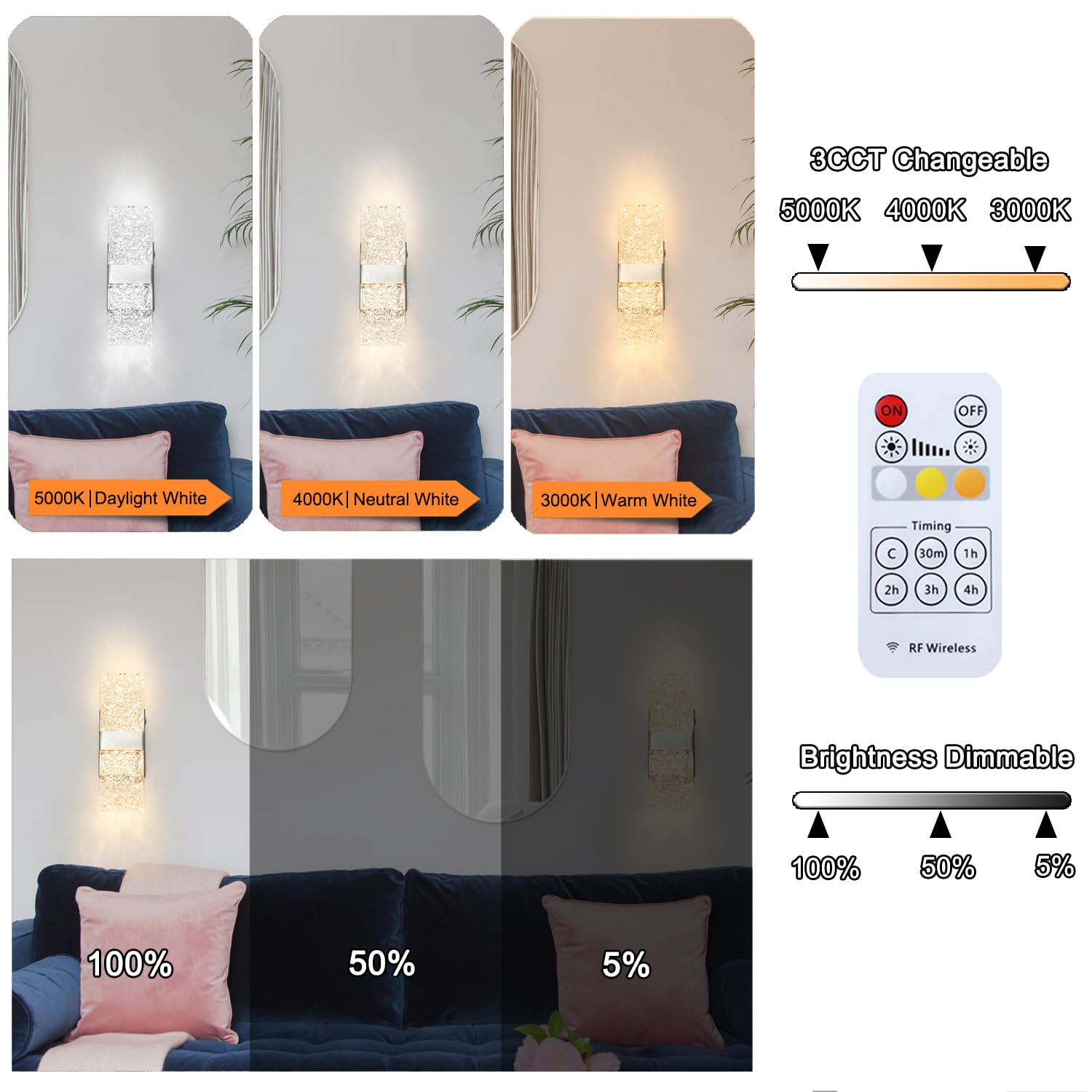 Ditoon Modern Brushed Nickel LED Wall Sconce Set of Two, 11.81" Vintage Crystal Acrylic Light Fixtures for Bedroom and Living Room