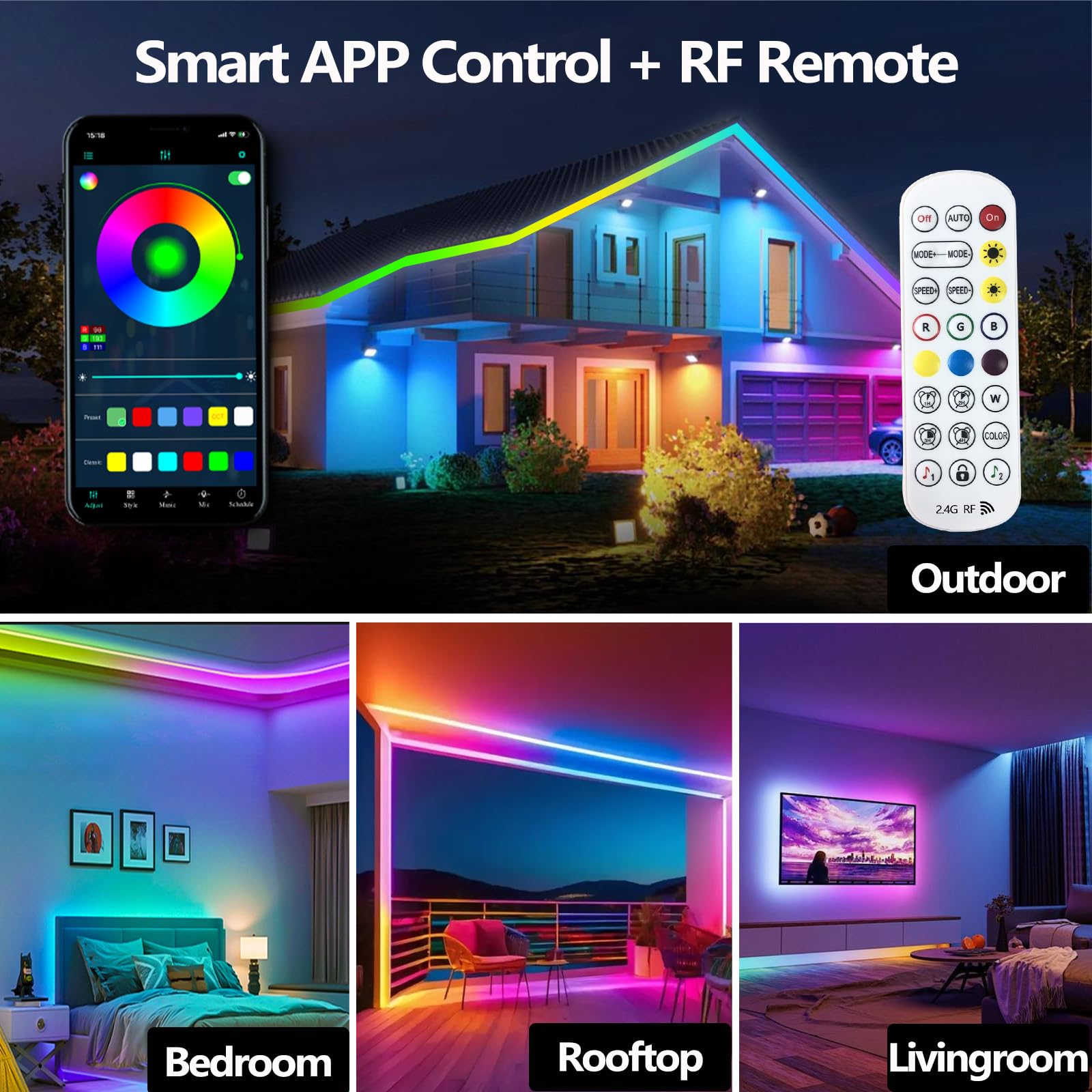 Bvokon Outdoor LED Strip Light, IP68 Waterproof, 130FT (2 Rolls 65FT), Multicolor, App/Remote Control, Music Sync