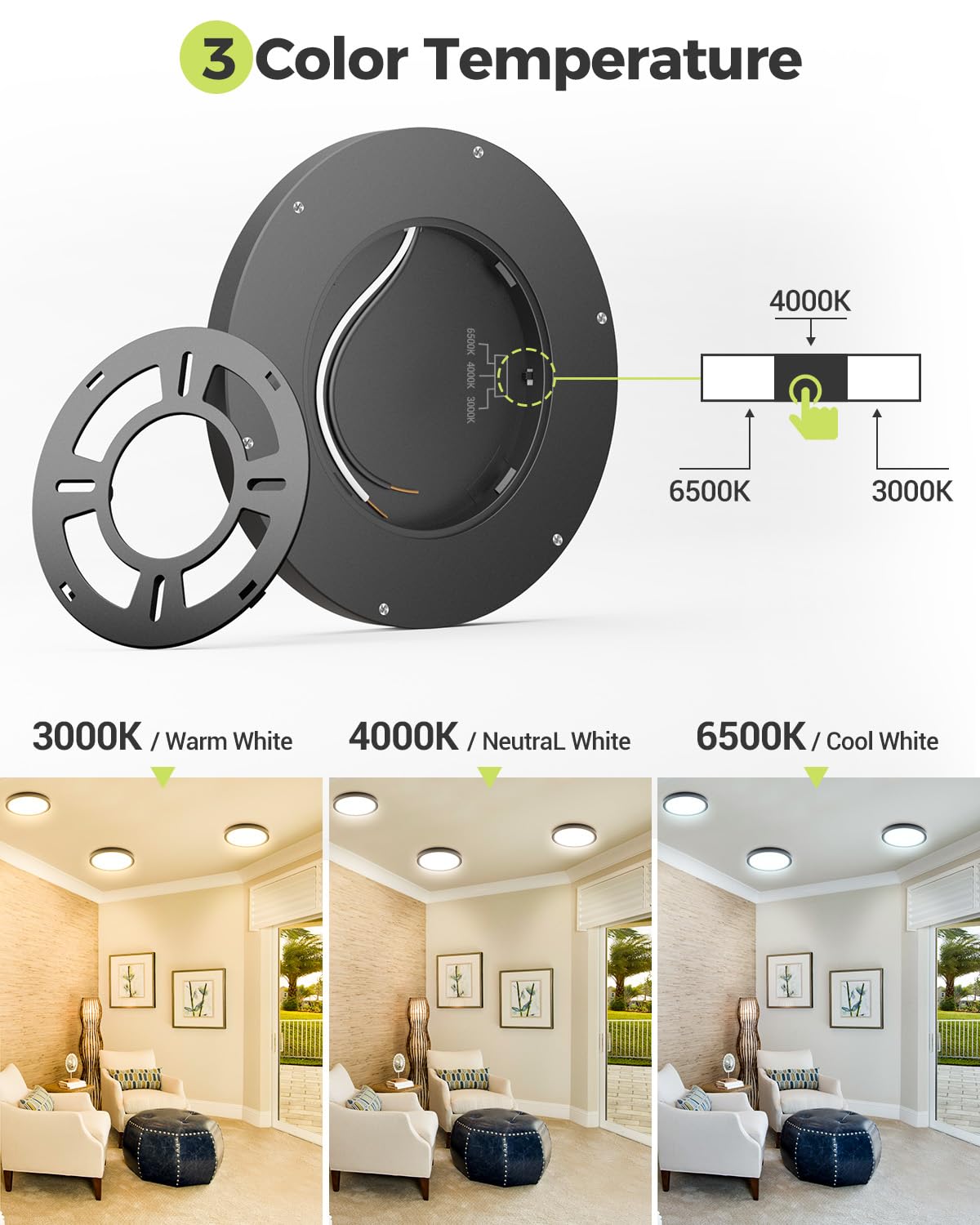 6Pack Led Flush Mount Ceiling Light - 3Cct Selectable 3000K-4000K-6500K & 100W Equivalent Modern Kitchen Recessed Ceiling Lamp 1