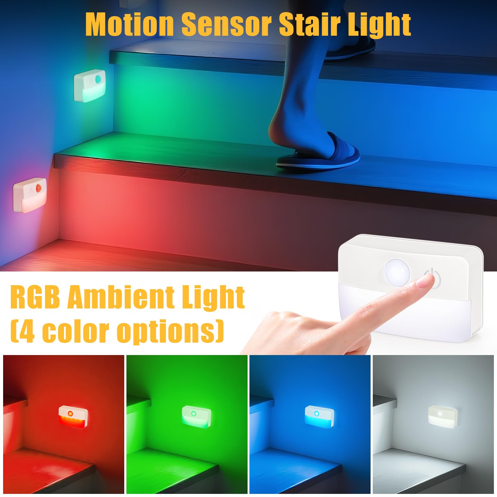 Guankai Motion Sensor Stair Lights, 8 Pack, RGB Battery Operated, Plastic, Model 0003D2, Indoor Night Light for Hallway, Closet, Under Cabinet