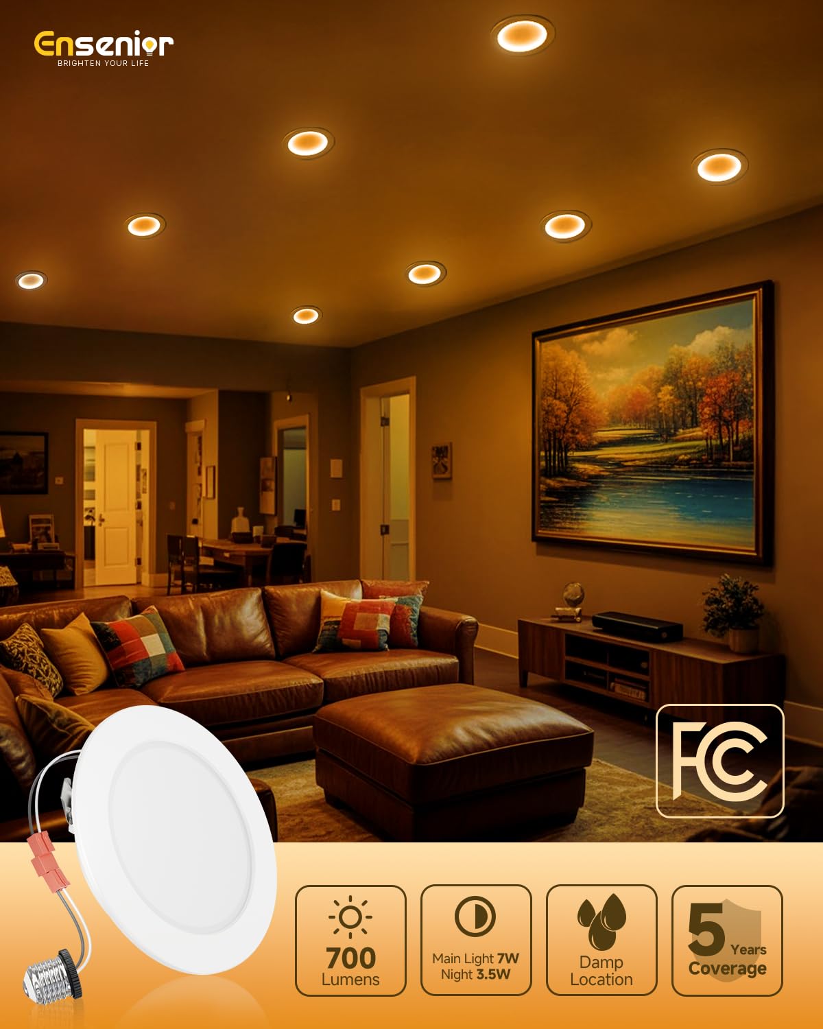 Ensenior 4 Inch Dimmable LED Recessed Lighting - 5CCT Adjustable (2700K-5000K) - Night Light - 4 Pack - Plastic - Model XY