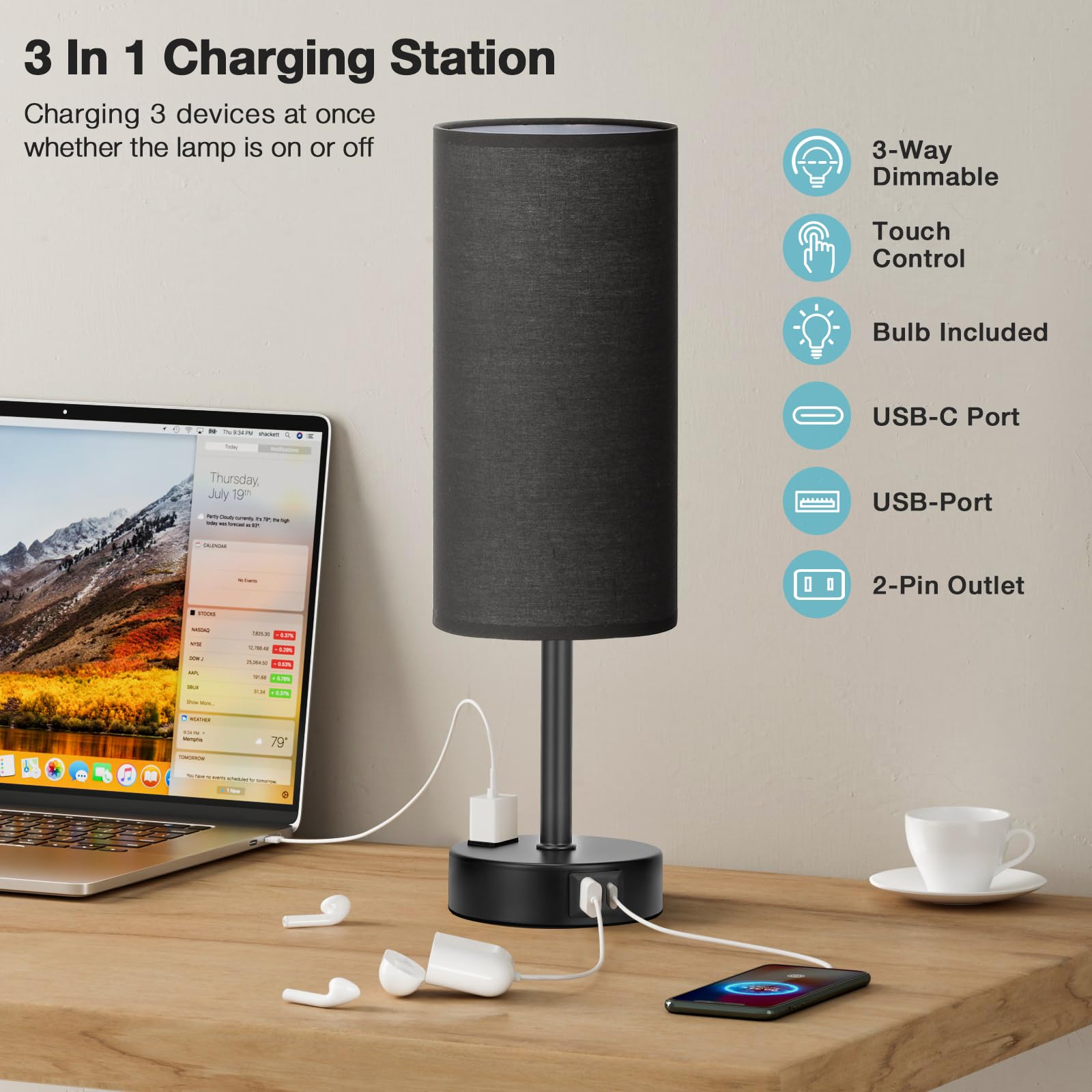 Fenmzee Black Bedroom Lamp For Nightstand - 3 Way Dimmable Bedside Lamp Usb C A Charging Ports And Ac Outlet, Small Table Lamp B