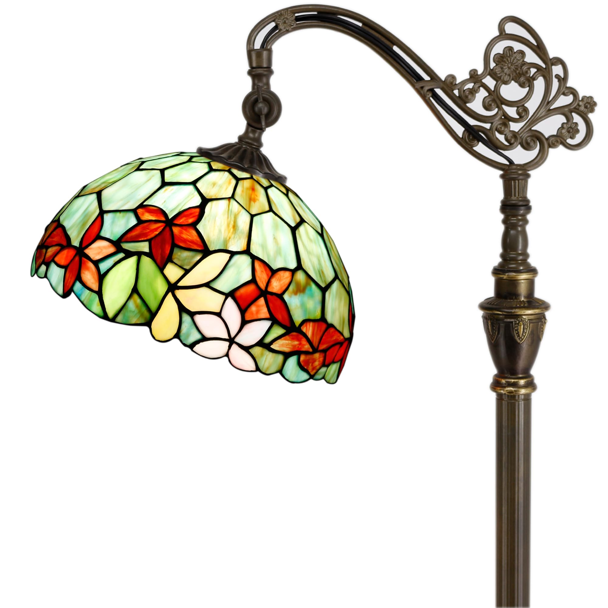 Zjart Tiffany Floor Lamp Stained Glass Lamp 18.88X12X67 Inch Angle Adjustable Arched Gooseneck Antique Reading Light (Red Green 