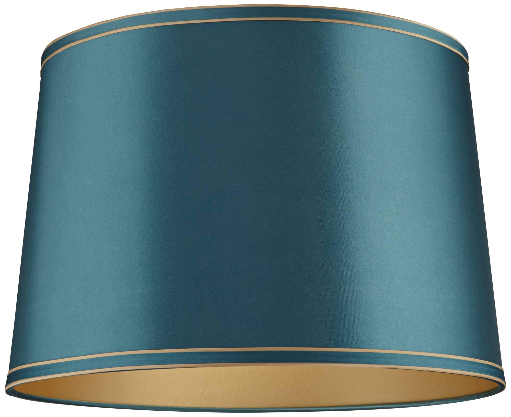 Soft Teal Medium Drum Lamp Shade With Gold Trim 14'' Top X 16'' Bottom X 11'' High (Spider) Replacement With Harp And Finial - S