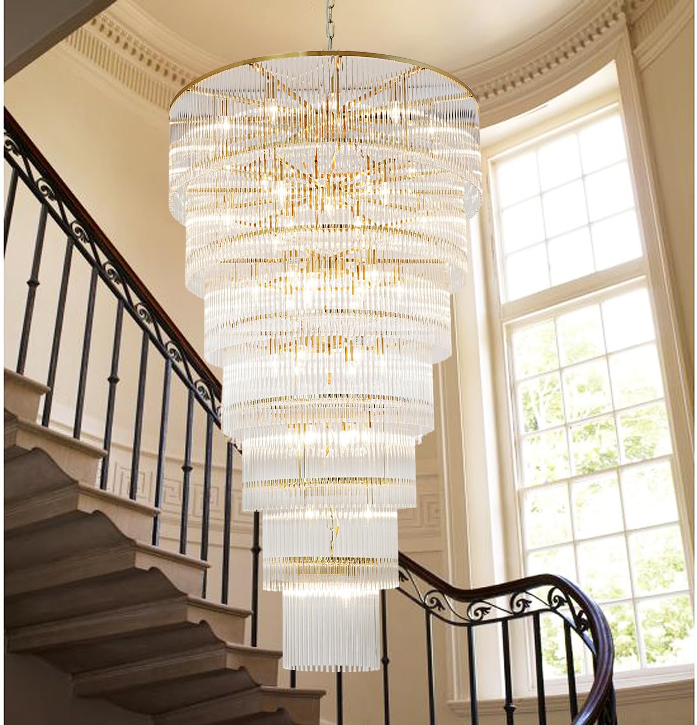 Akeelighting Extra Large Long Brass Chandelier For High Ceiling H68 Modern 7 Tiers Glass Staircase Chandelier Foyer Entryway Lig