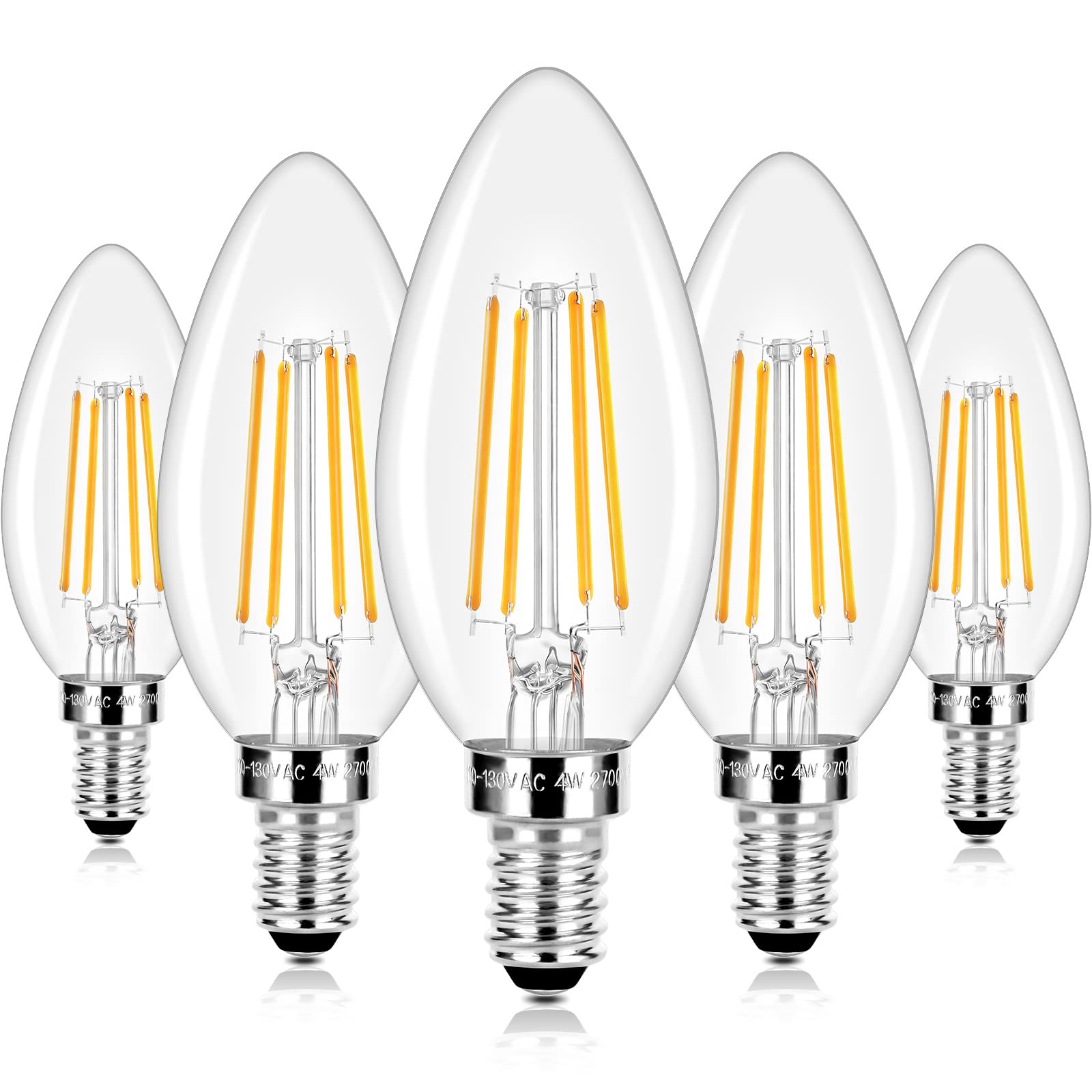 Brightever E12 LED Candelabra Bulbs 4W Vintage Warm White 2700K Pack of 5 Clear Glass Type B