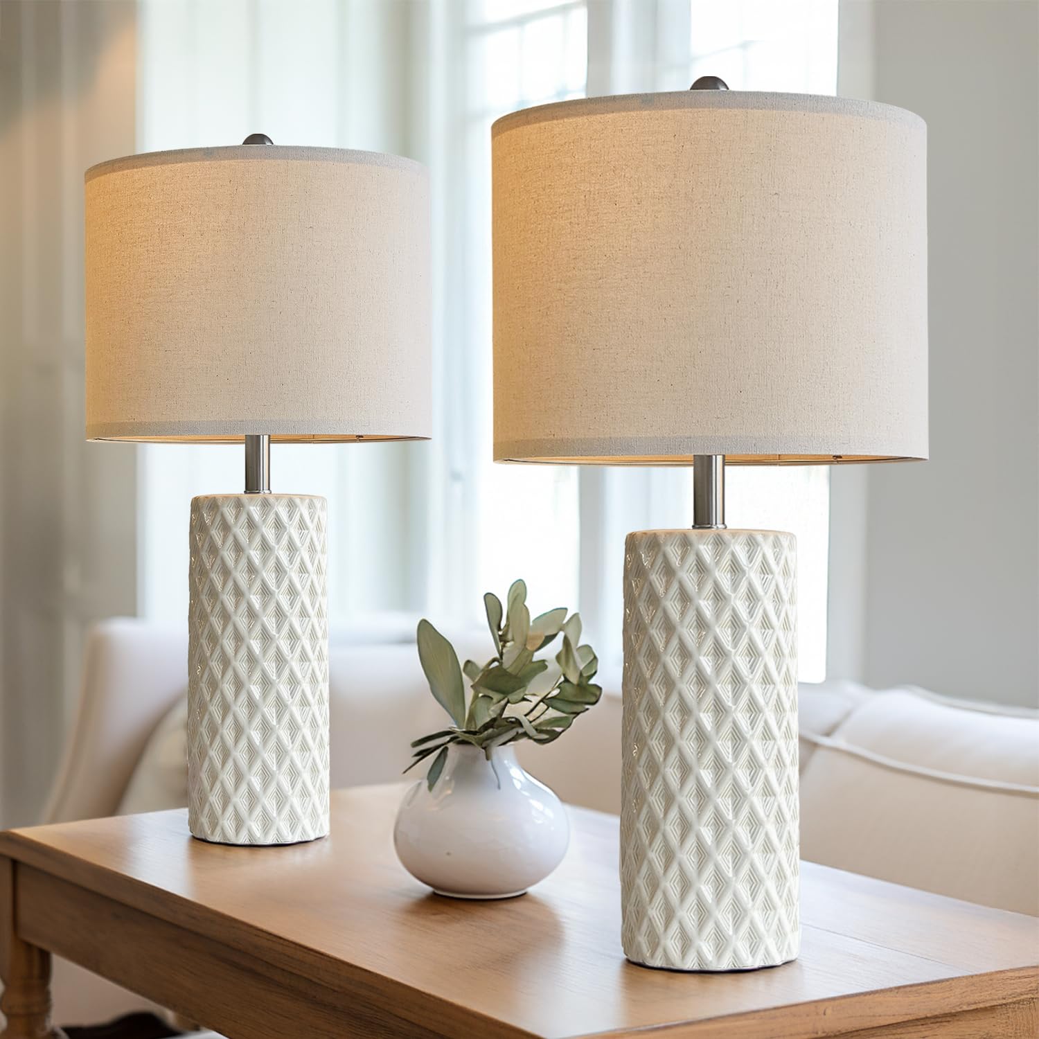 USumkky Table Lamp Set of 2 - 26" Vintage White Ceramic Lamps for Living Room, Nightstands, End Tables - Model AMZ-T1232