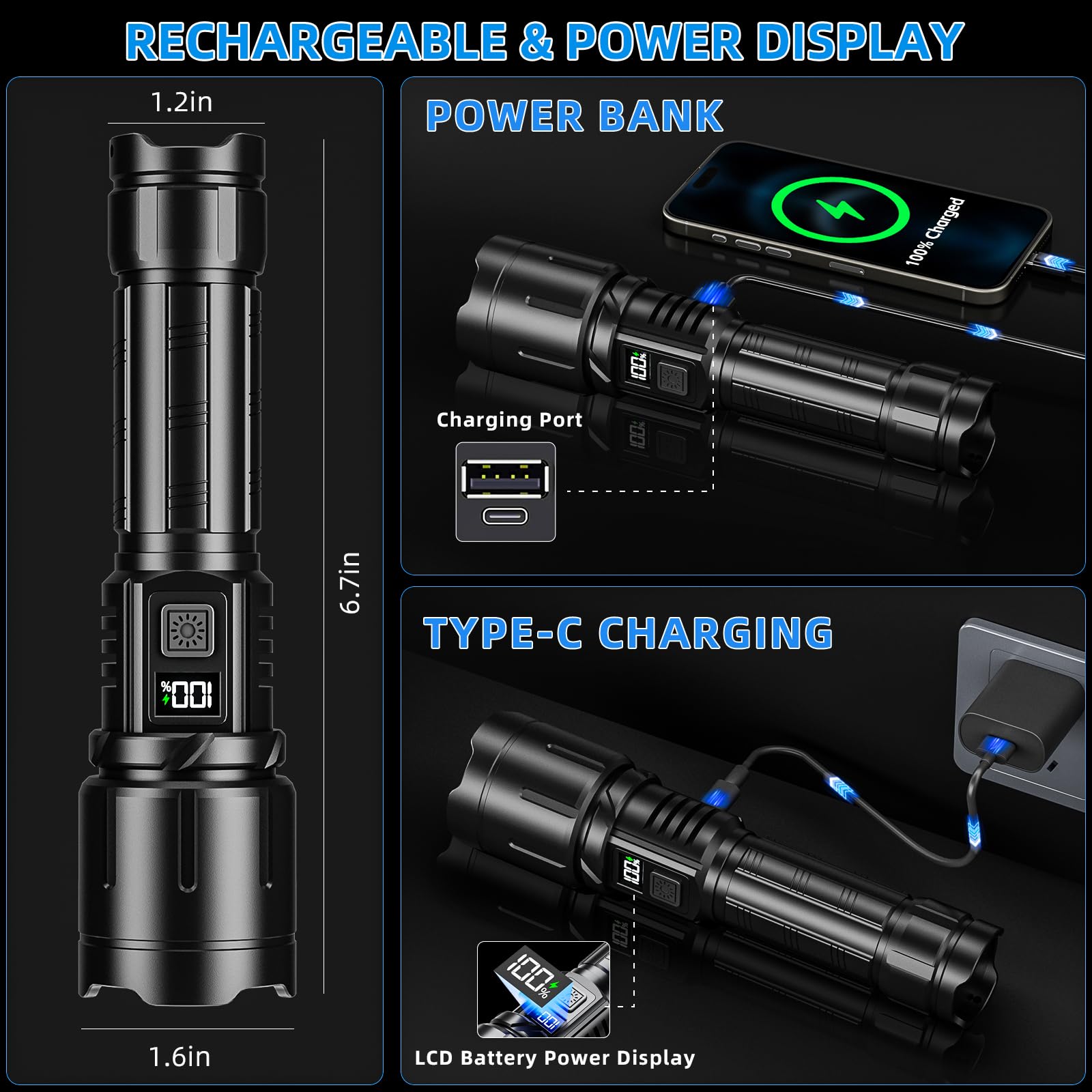 KNIBO M160 Rechargeable Flashlight, 3000 High Lumens, Waterproof, 6 Modes, Handheld, Black, LED Tactical Light with LCD Power Display