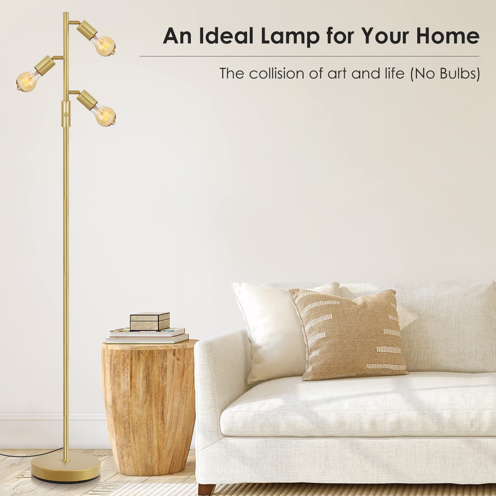 Boostarea Tree Floor Lamp, Brass Gold Industrial Floor Lamp, Modern Standing Lamp With Adjustable 3 Light, E26 Socket, Rotary Sw