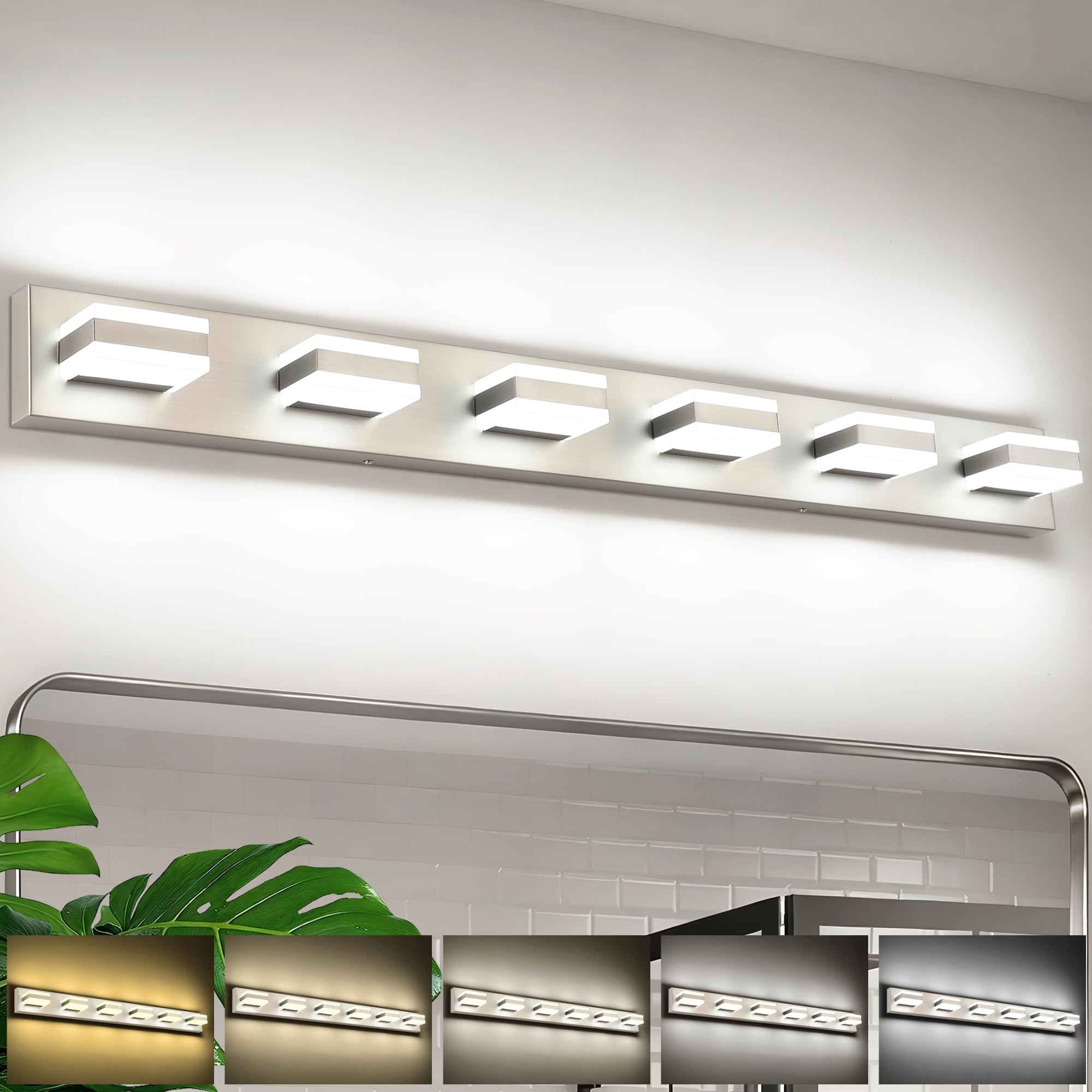 SOLFART Bathroom Vanity Lights  Brushed Nickel Light Fixtures for Bathroom Above Mirror  6 Light Led Vanity Lighting 5 Color Temperature Adjustable Bath Lighting Fixture Nickel