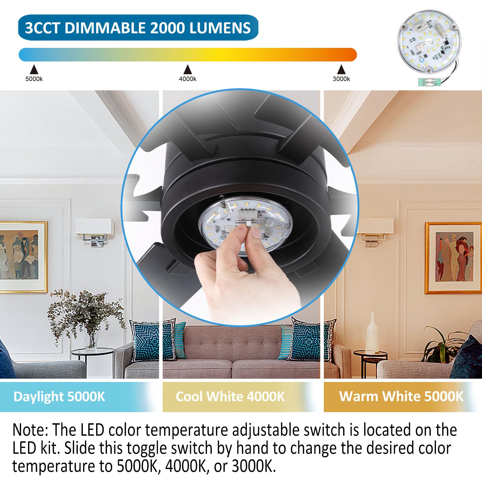 Senroyal 4 Inch Ceiling Fan LED Light Kit, 18W 2100LM, Dimmable 3CCT 3000K/4000K/5000K, Model
