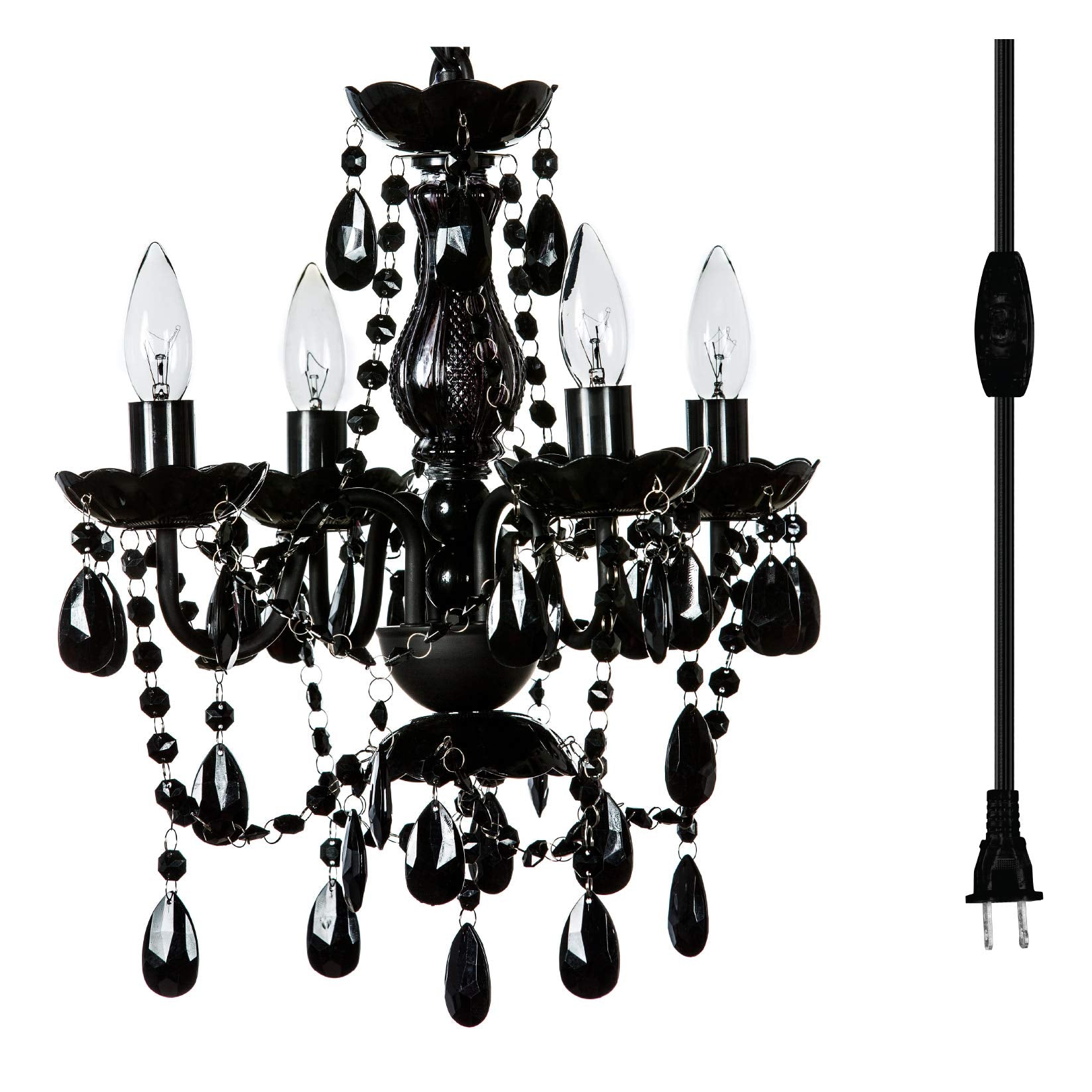 gypsy color Plug-in Chandelier 4 Light Black Metal Frame Acrylic Crystals H17.5inxW15in Model GYSMBKP