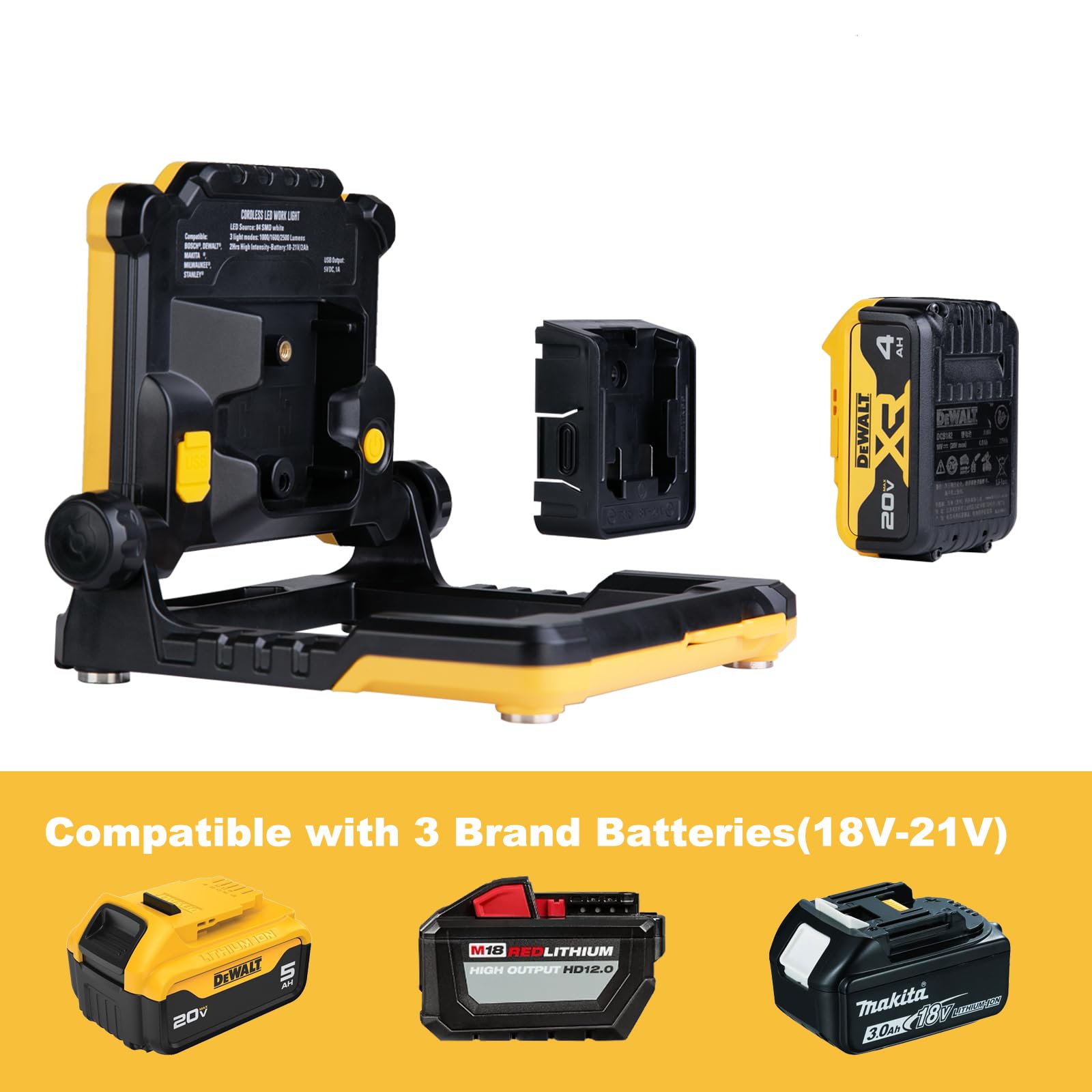 DAYATECH 20W 3000LM Cordless LED Work Light, Compatible with Dewalt, Milwaukee and Makita 18-21 V Battery, Foldable Magnetic Bas