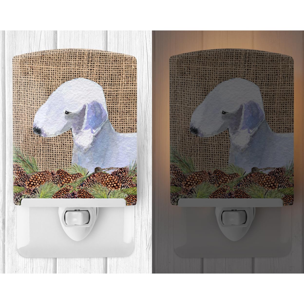 Caroline'S Treasures Ss4074Cnl Bedlington Terrier On Faux Burlap With Pine Cones Ceramic Night Light Compact, Ul-Certified, Ideal For Bedroom, Bathroom, Nursery, Hallway, Kitchen, 6X4X3, Multicolor