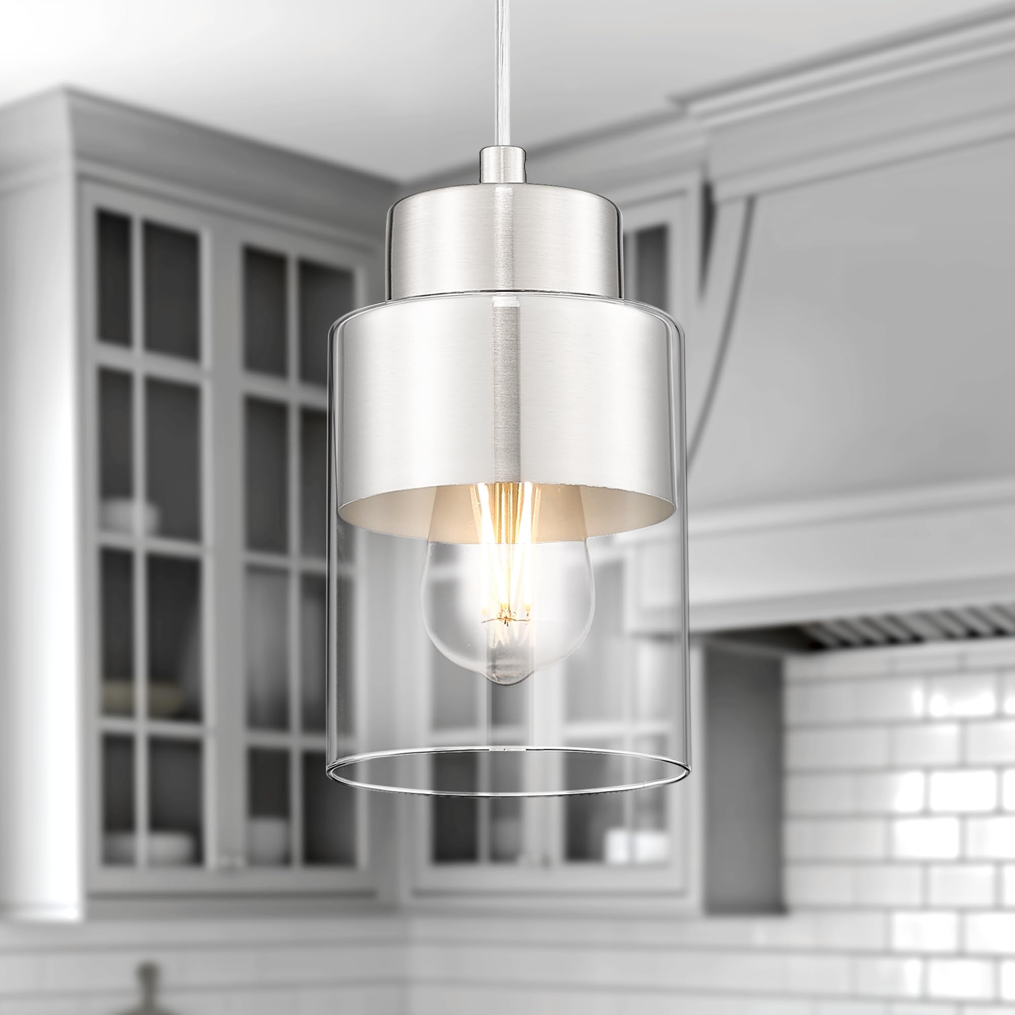 Audickic 2-Pack Pendant Lights Kitchen Island  Brushed Nickel Dual Shade Hanging Lights Fixtures With Metal And Clear Glass  Kitchen Pendant Lighting Over Island For Dining Room  Ad-24022-1P2-Sn