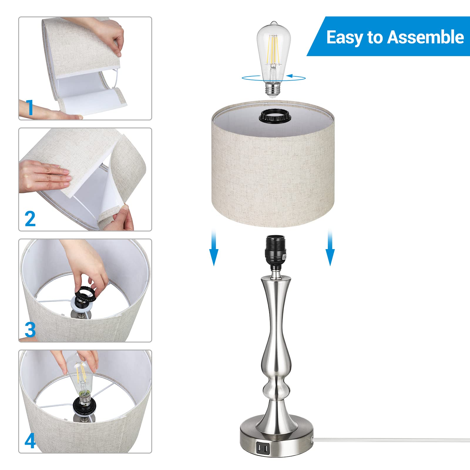 DEWENWILS Touch Control Table Lamp with 2 USB Ports, 3 Way Dimmable Bedside Lamp, Modern Table Lamp for Living Room, Bedroom, Of