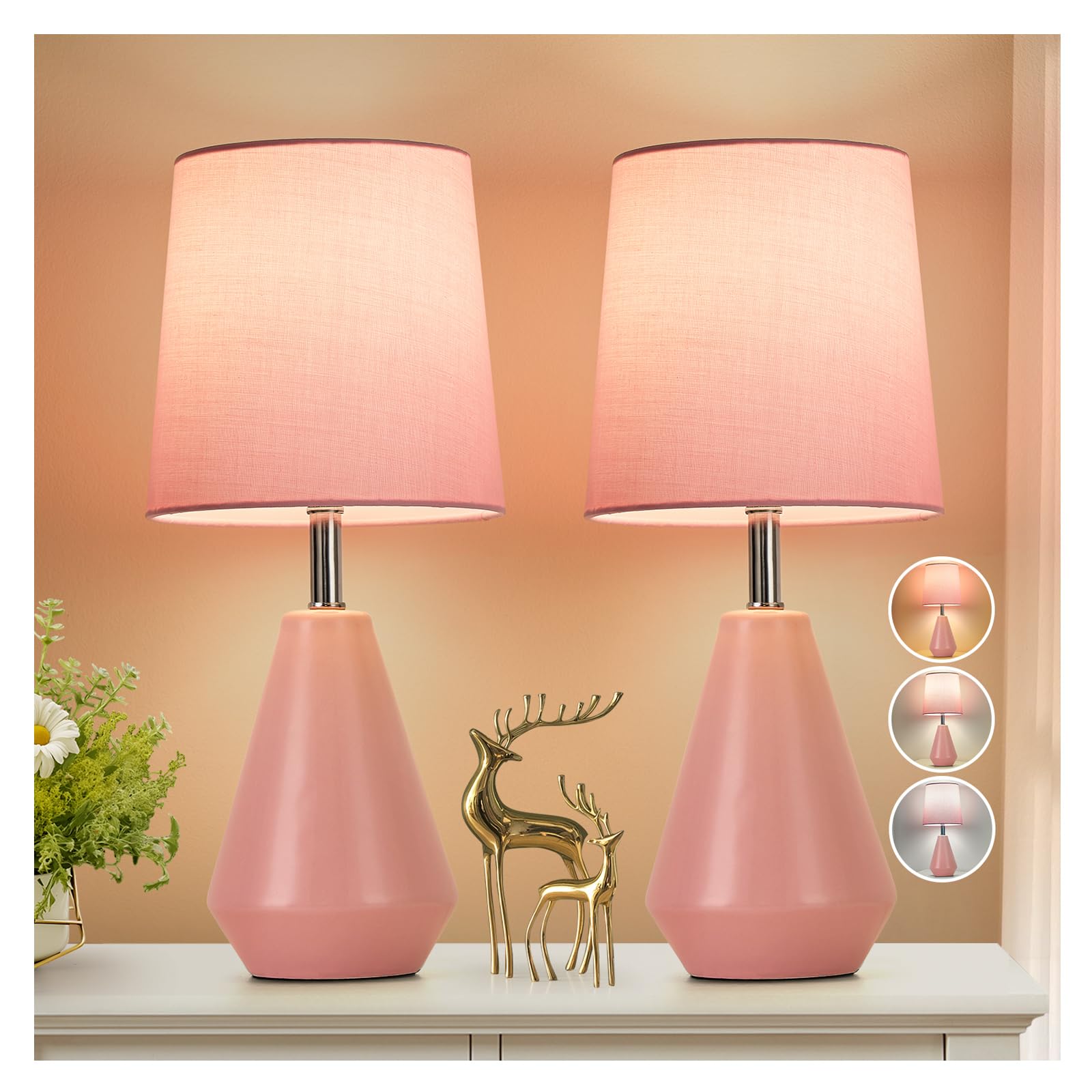 bdayanx Small Bedside Table Lamp for Bedroom-Reading Desk Lamp Set of 2 with 3 Color Temperatures 15.5 Nightstand Ceramic Lamp with Fabric Shade for Kids Room Living Room Dorm Home Office(Pink)