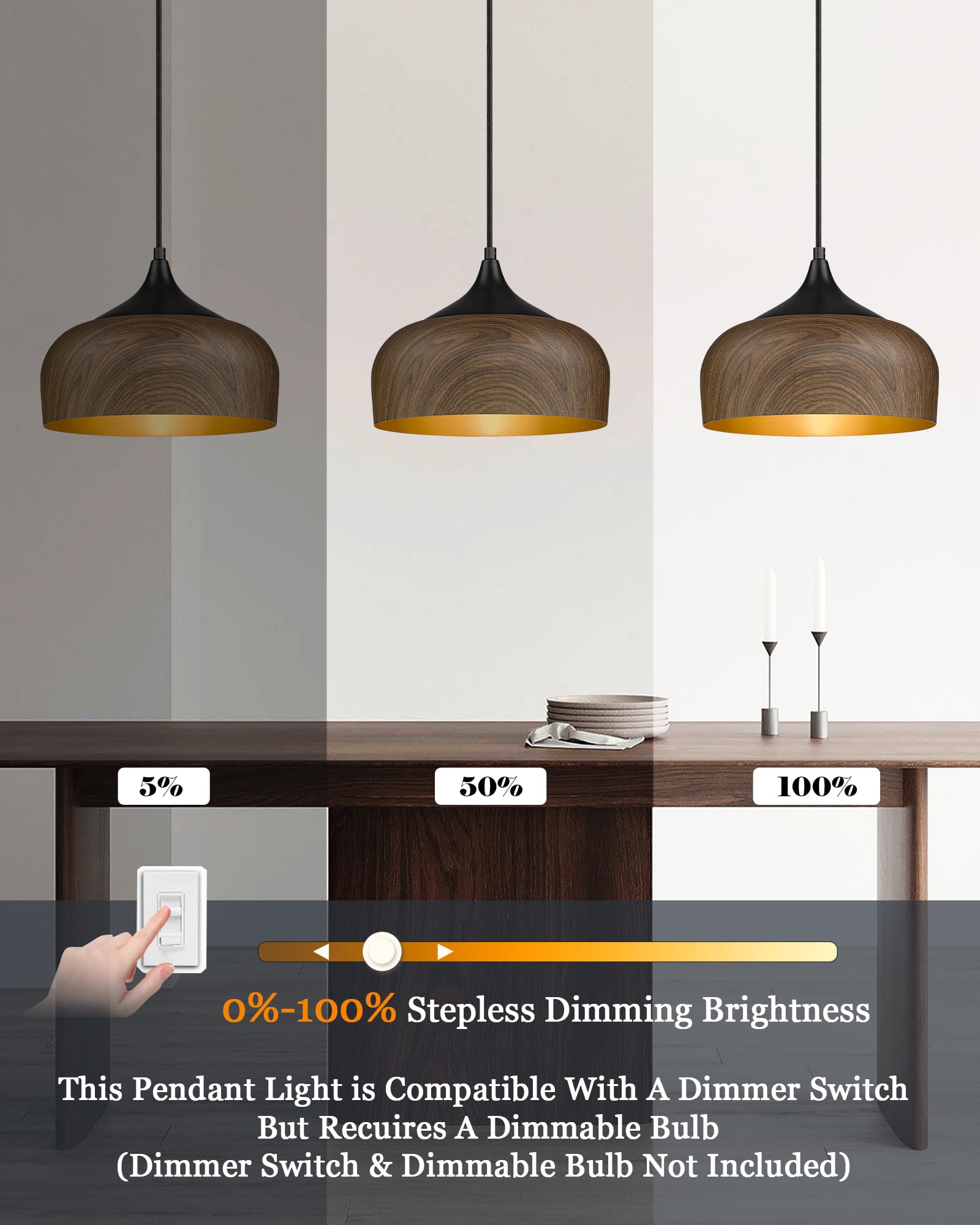 Elyona Modern Pendant Light Walnut Wooden Pattern Dome Pendant Light Fixture Matte Black Metal Gold Inner Finish Adjustable Hang