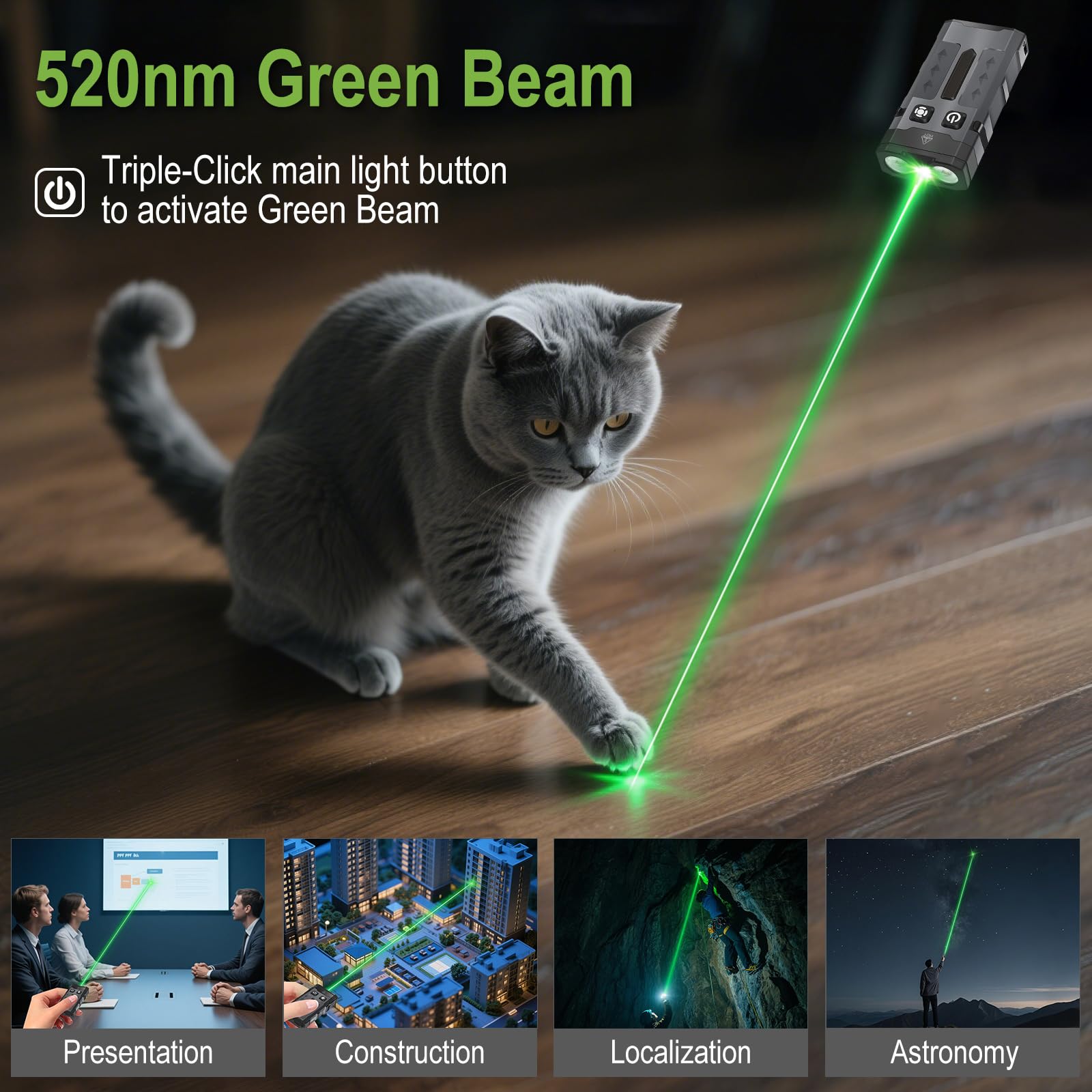 BORUIT EV20L LED Rechargeable Small EDC Flashlight with Green Beam,Pocket Keychain Flashlights with RGB Side Light,IP66 Waterpro