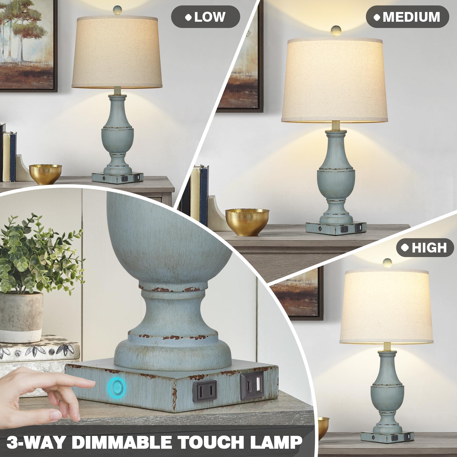 Farmhouse Table Lamps, Rustic 26'' Touch Control Bedside Lamps With Usb A+C Charging Ports & Ac Outlet, Vintage 3-Way Dimmable T