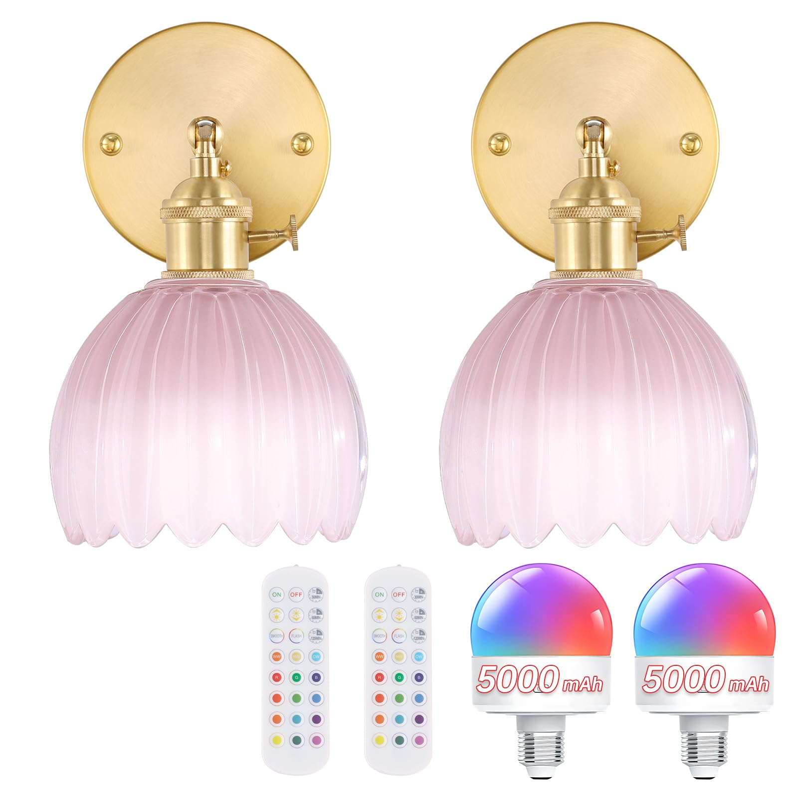 Shenmoyl Vintage Wall Sconce - 5000 mAh Battery Operated, Pink Tulip Glass, Rechargeable, Remote Control, Set of 2