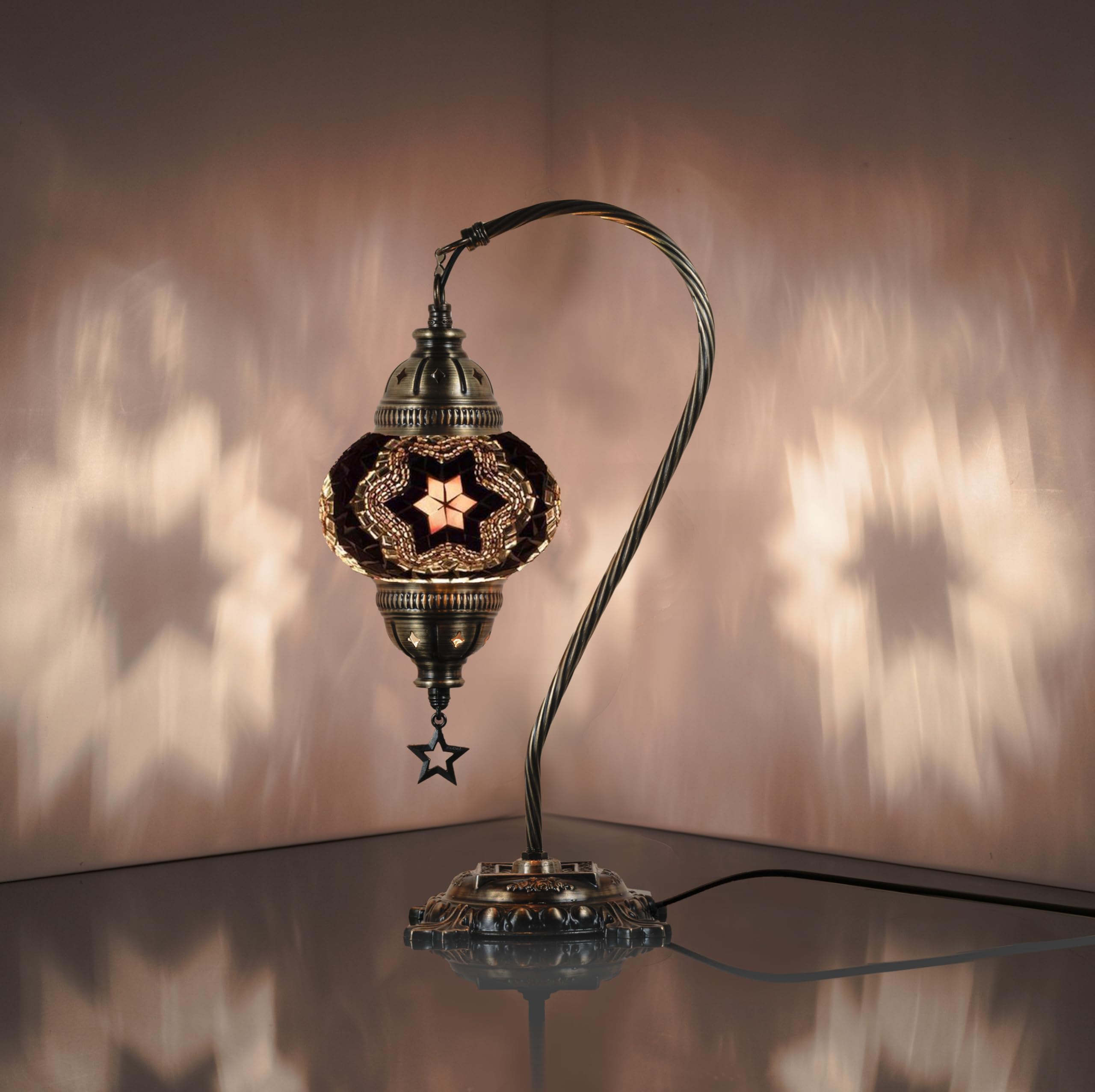 DEMMEX Moroccan Mosaic Table Lamp, Handmade Metal Globe, 15", Black-White, Model DEMMEXLAMP, Stylish Decorative Lighting for Bedroom & Living Room