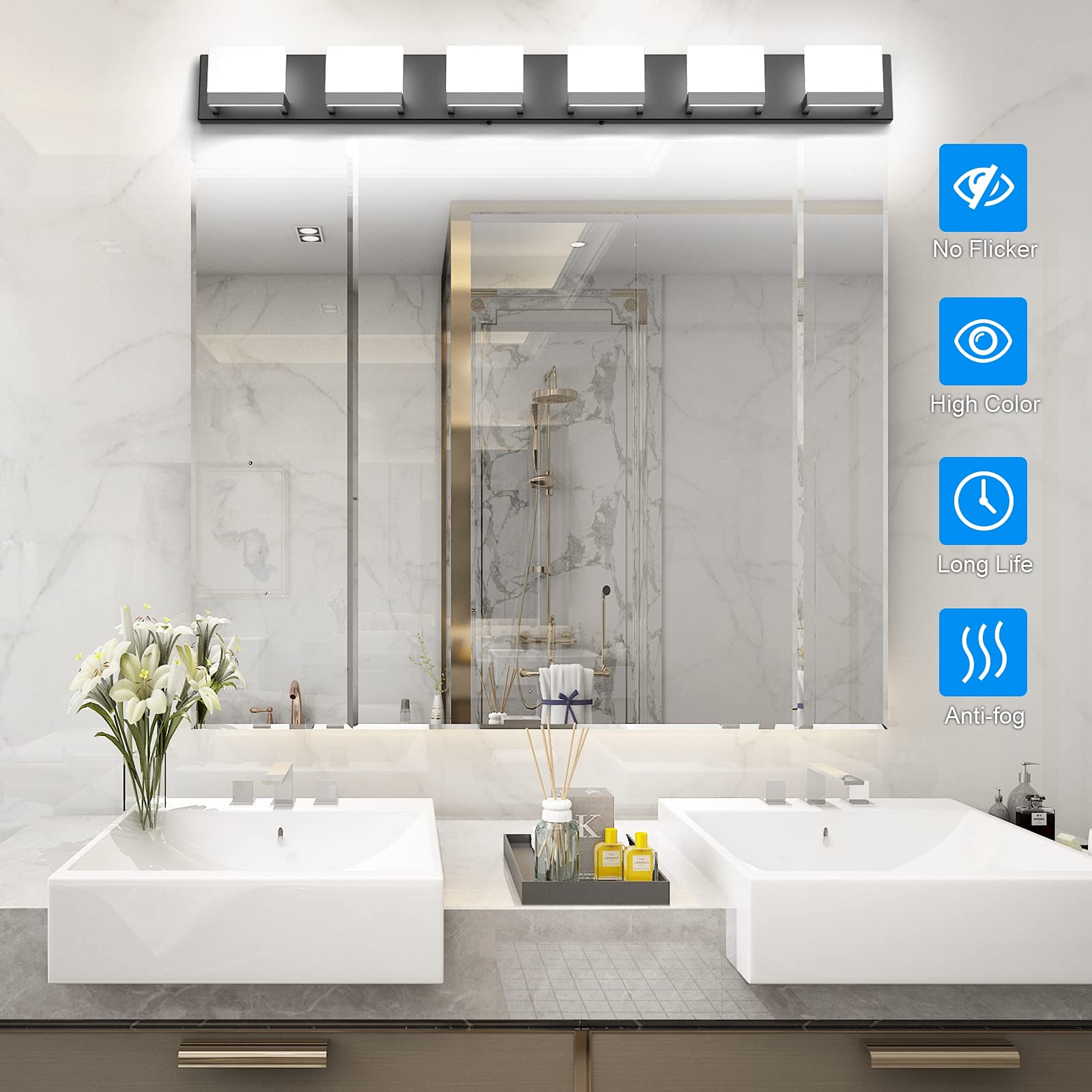 Tipace Led Modern Matte Black Bathroom Vanity Lights Over Mirror 6 Lights Up And Down Black Bathroom Vanity Light Fixtures 6000K