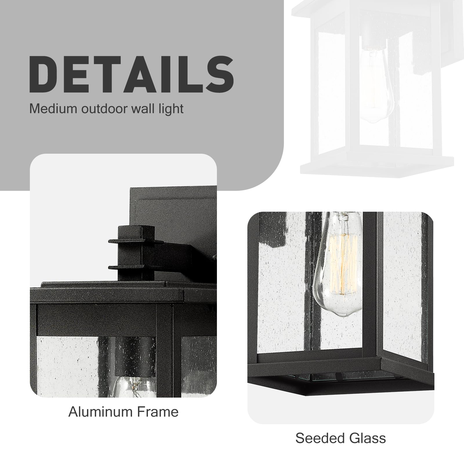 Emliviar 2 Pack Outdoor Wall Mount Lights, Black Lanterns With Clear Seeded Glass