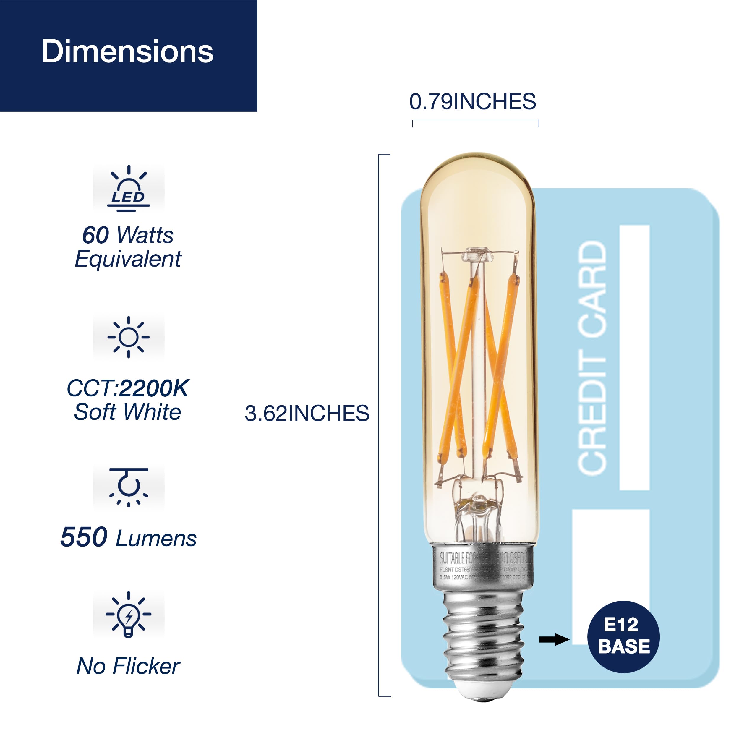 FLSNT Dimmable E12 LED Chandelier Bulbs, 60W Equivalent, 5.5W, 2200K Amber White, 450LM, 12 Pack, Glass