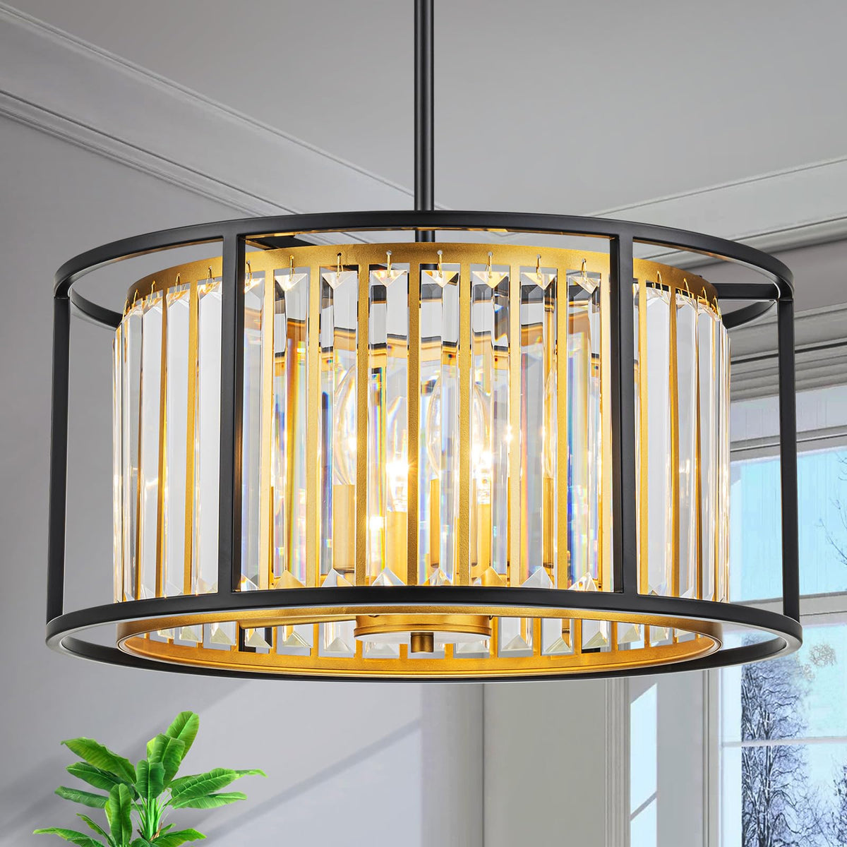 Lumfurn 5-Lights Crystal Drum Chandeliers, 2-Layer Modern Pendant Light Fixture For Dining Room, Living Room, Bedroom, Adjustabl