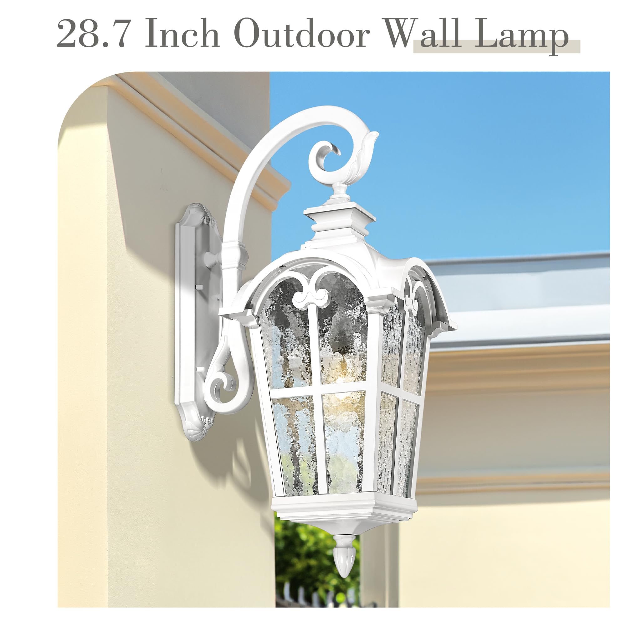 Emliviar 1-Light 28.7'' Wall Sconce With Water Grain Glass, Vintage Farmhouse Wall Lamp For House Porch, White Finish In Die-Cas