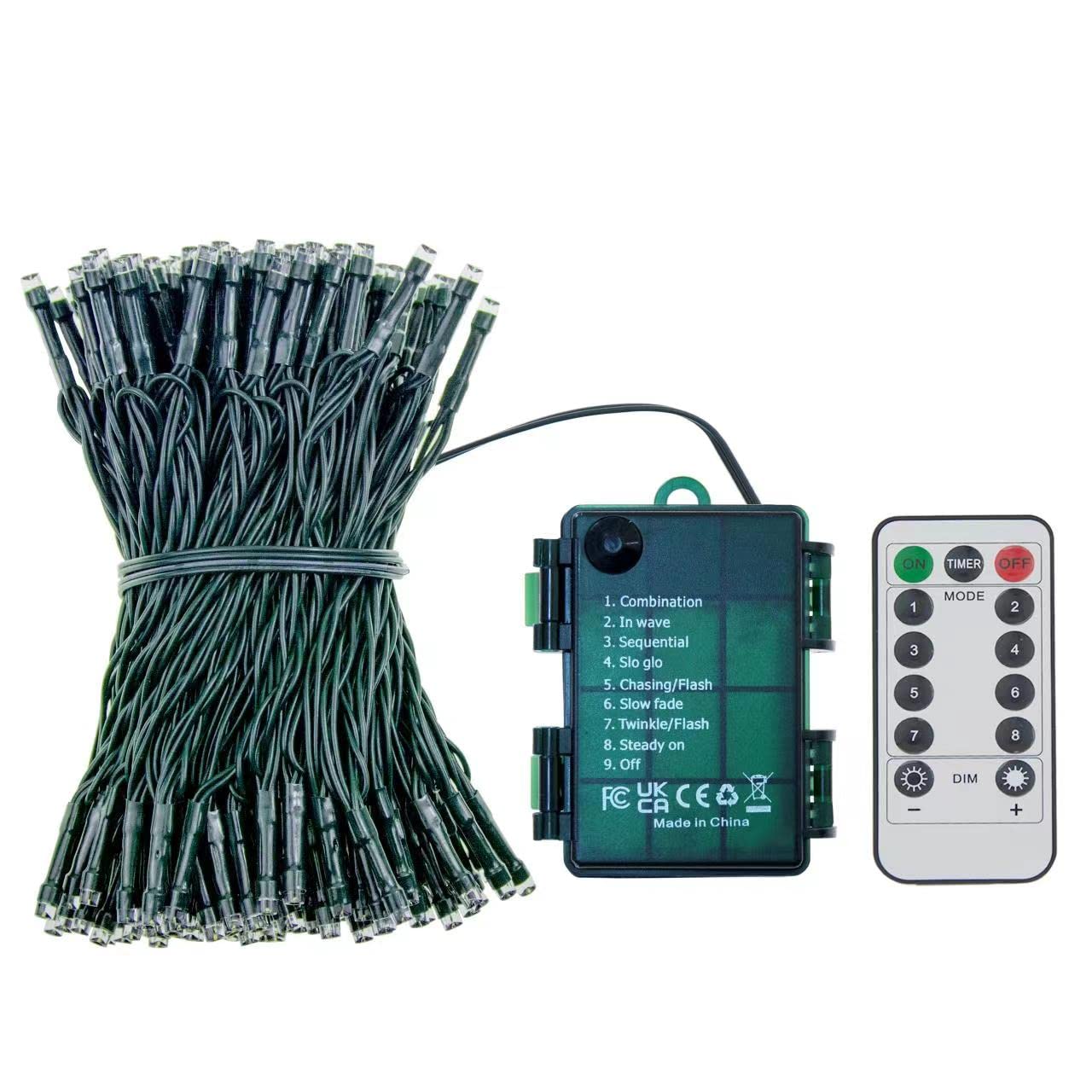 GHJ 200 LEDs Battery Operated Christmas Lights, Dark Green Cable, Waterproof Indoor/Outdoor, Remote Control, Model BDB-200-L
