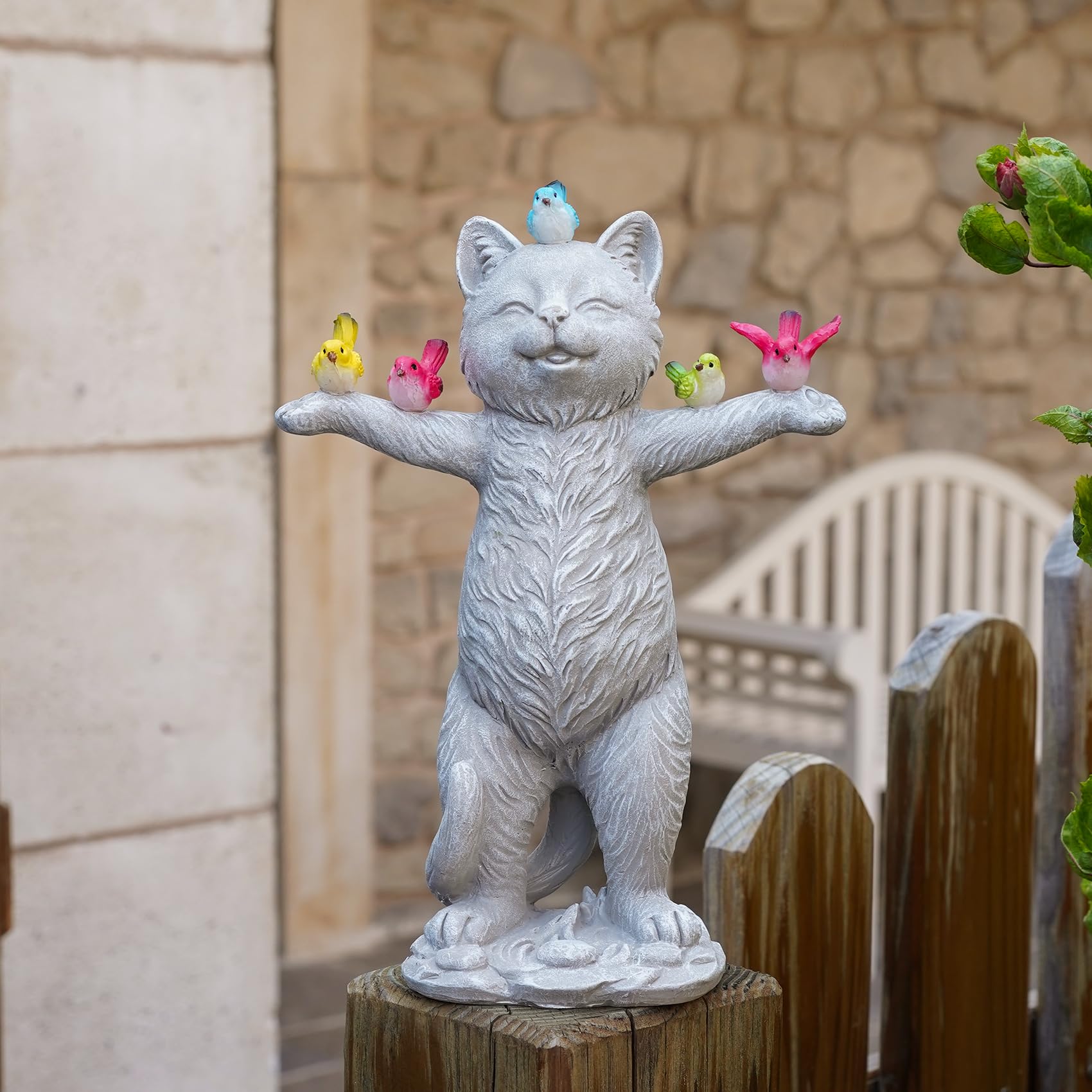 MININOVA Solar Outdoor Decorations Garden Statue Cat Figurines with Birds for Yard Patio Balcony Lawn Outside Ornaments Gifts fo