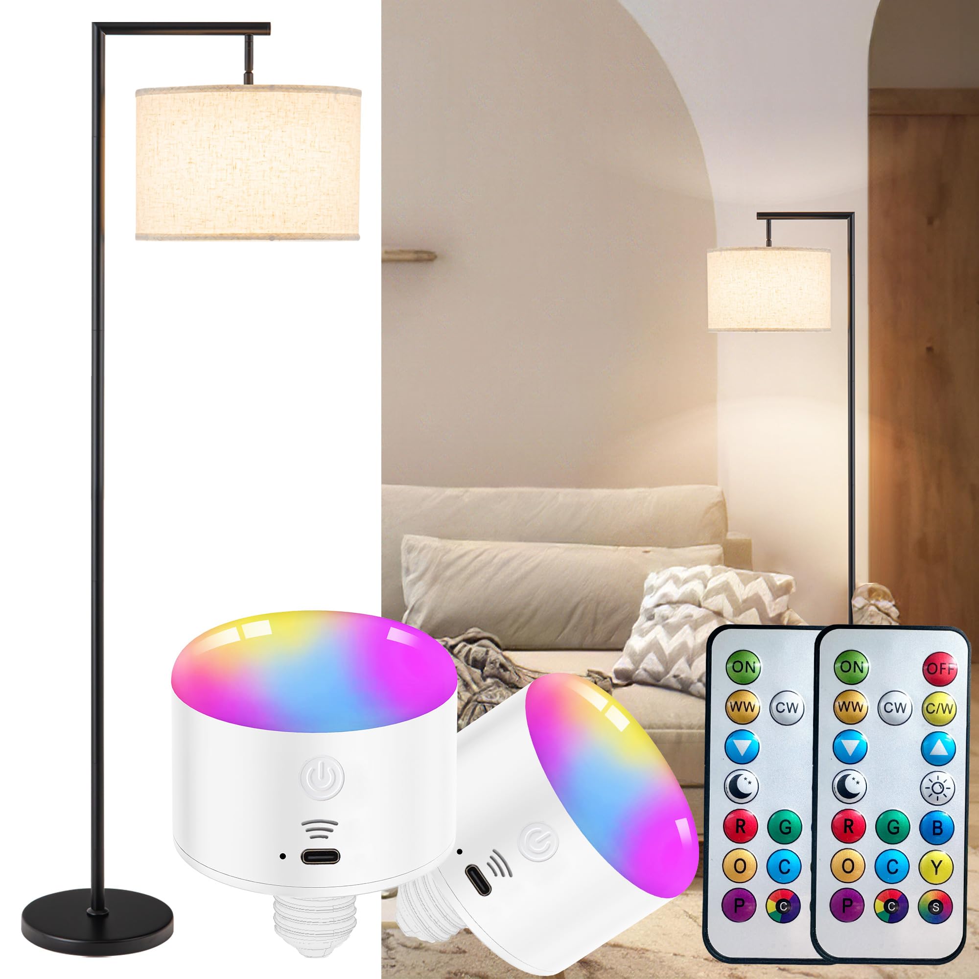 Nekhung Modern Battery Operated Floor Lamp Cordless for Living Room, 10000mAh RGB Dimmable Lamp with Remote Control Lighting tim
