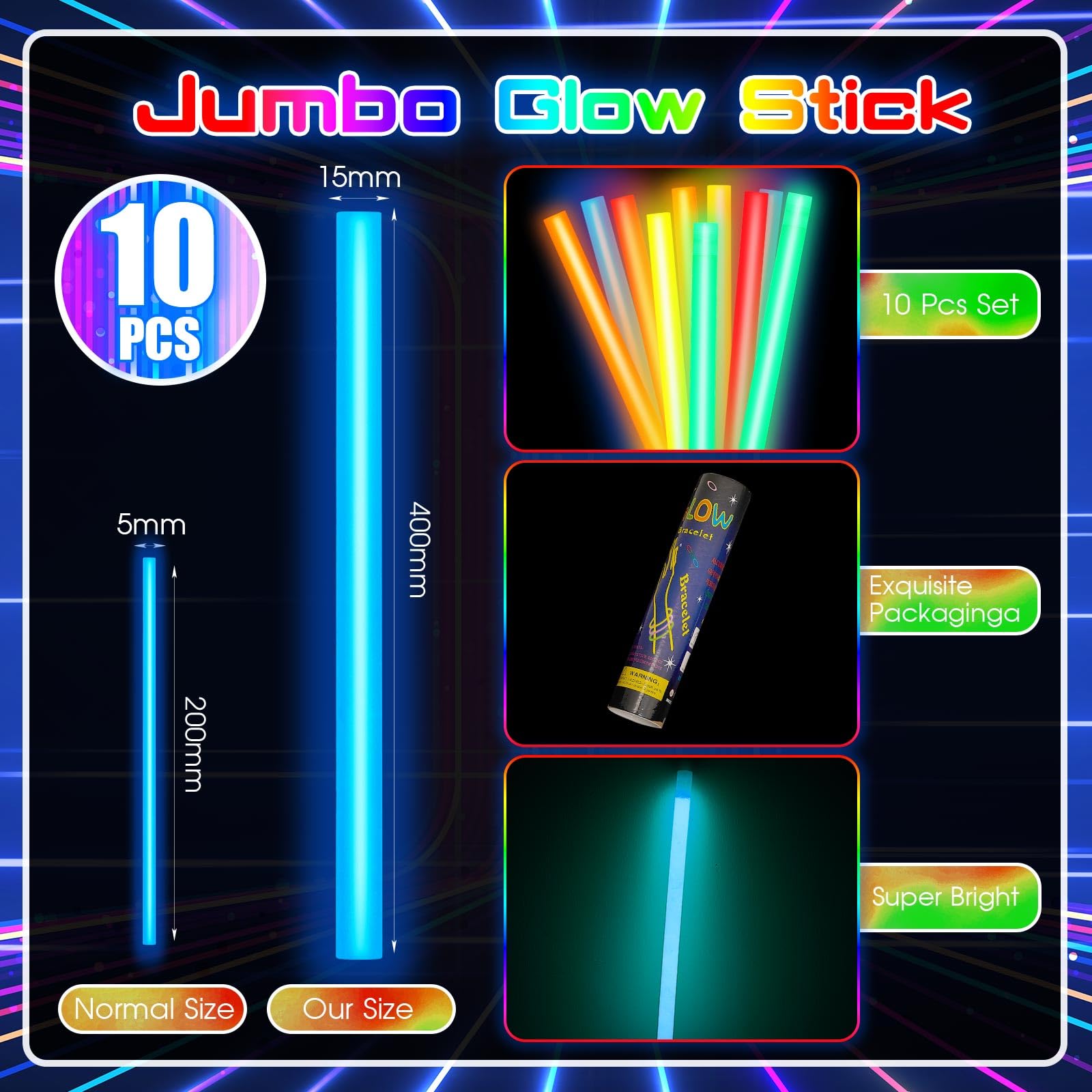 Lewtemi Glow Sticks - 10 Pcs Jumbo 16 Inch Emergency Light Sticks, Bright Colors for Halloween, Camping, Survival Kit