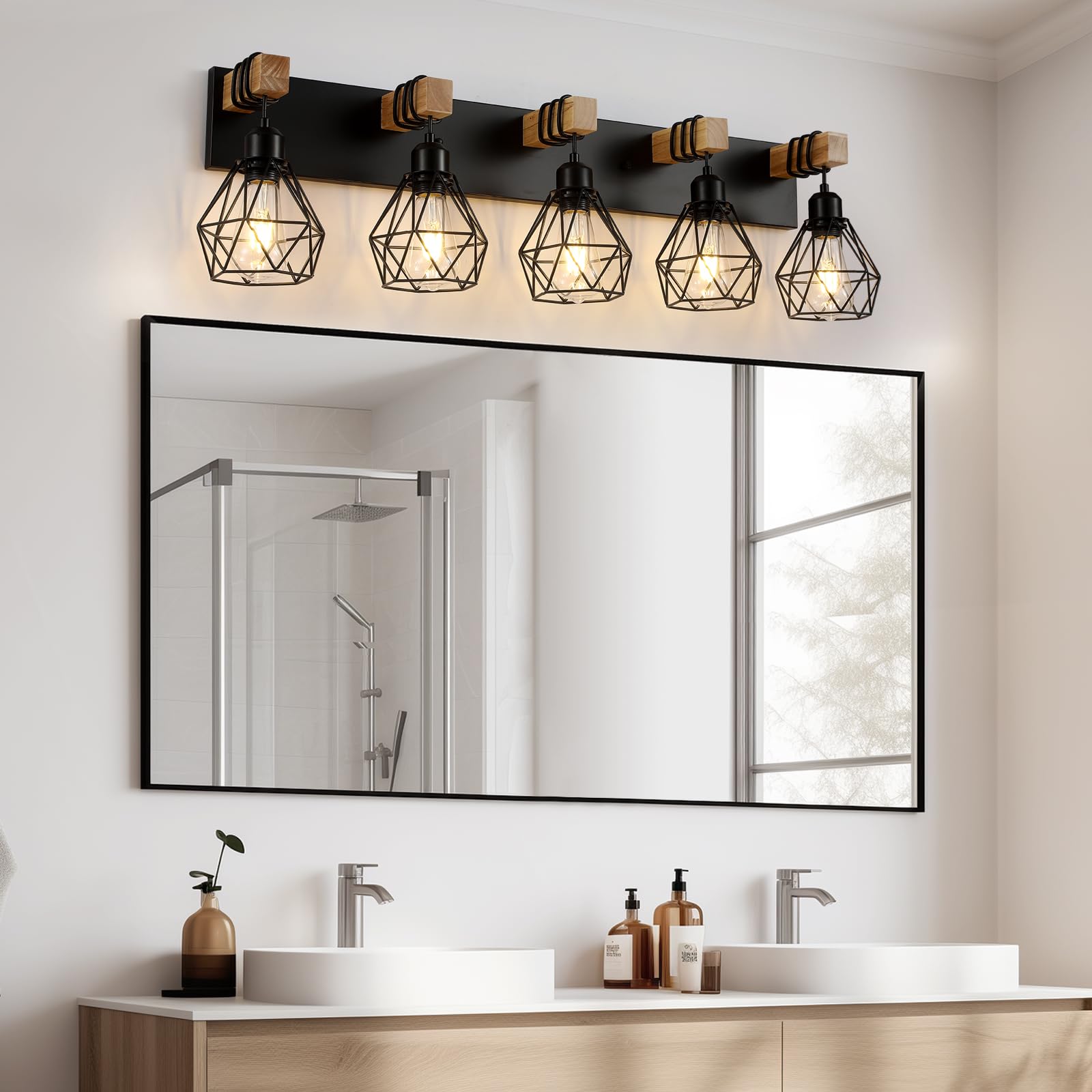 Farmhouse Vanity Light For Bathroom, 5-Light Wood Bathroom Vanity Light Fixtures Over Mirror, Rustic Sconces Wall Lighting With
