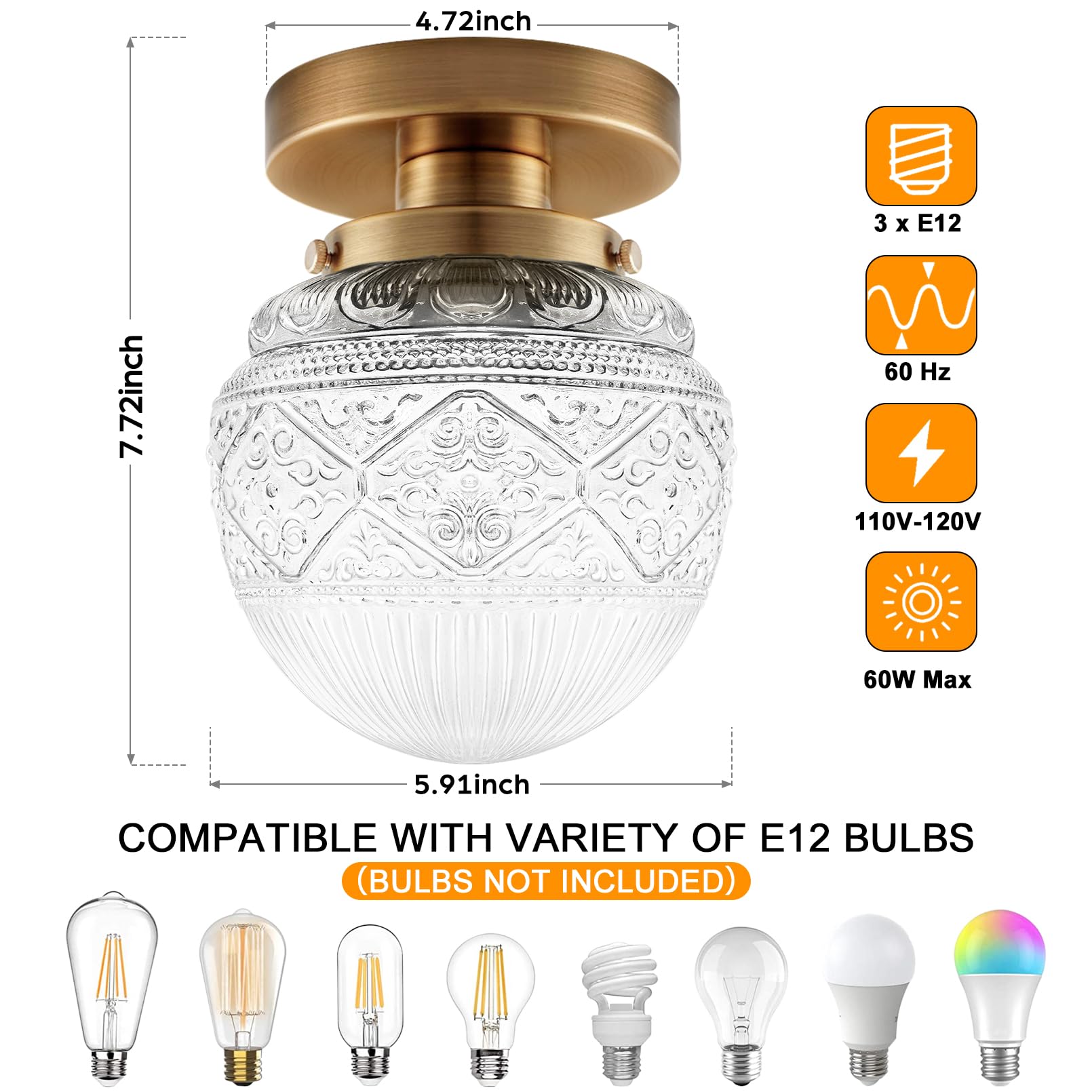 Apoto 2-Pack Semi Flush Mount Ceiling Light Fixture,Gold Small Globe Glass Ceiling Lights,Vintage Hallway Light Fixtures Ceiling