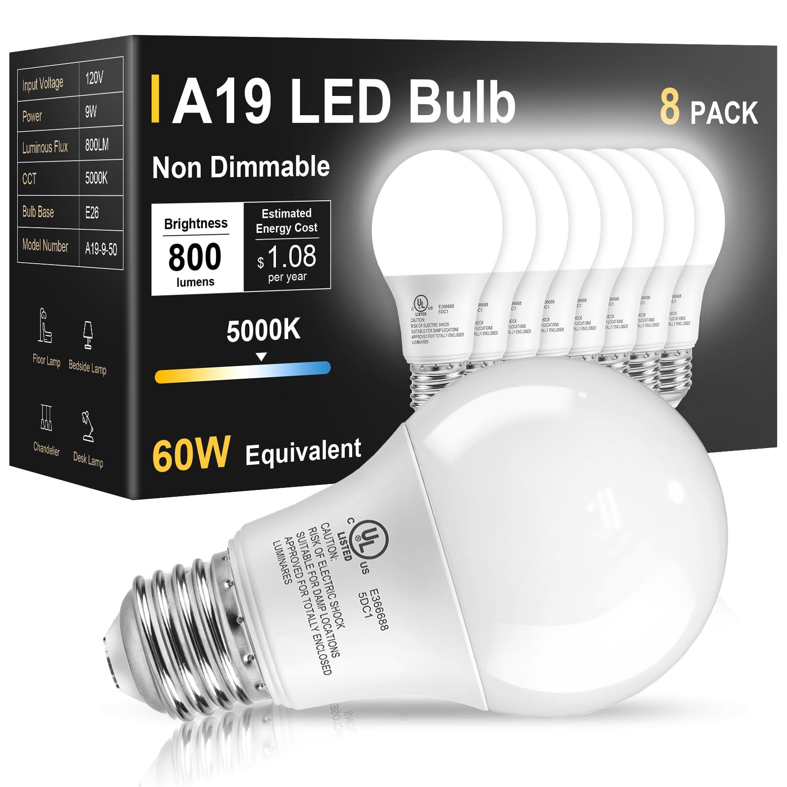 TJOY 8 Pack LED Light Bulbs 60 Watt Equivalent  Daylight White 5000K A19  Efficient 9W  E26 Standard Base  800 LM Energy Saving Lightbulbs for Home Bedroom Living Room Office  Non-Dimmable  UL Listed