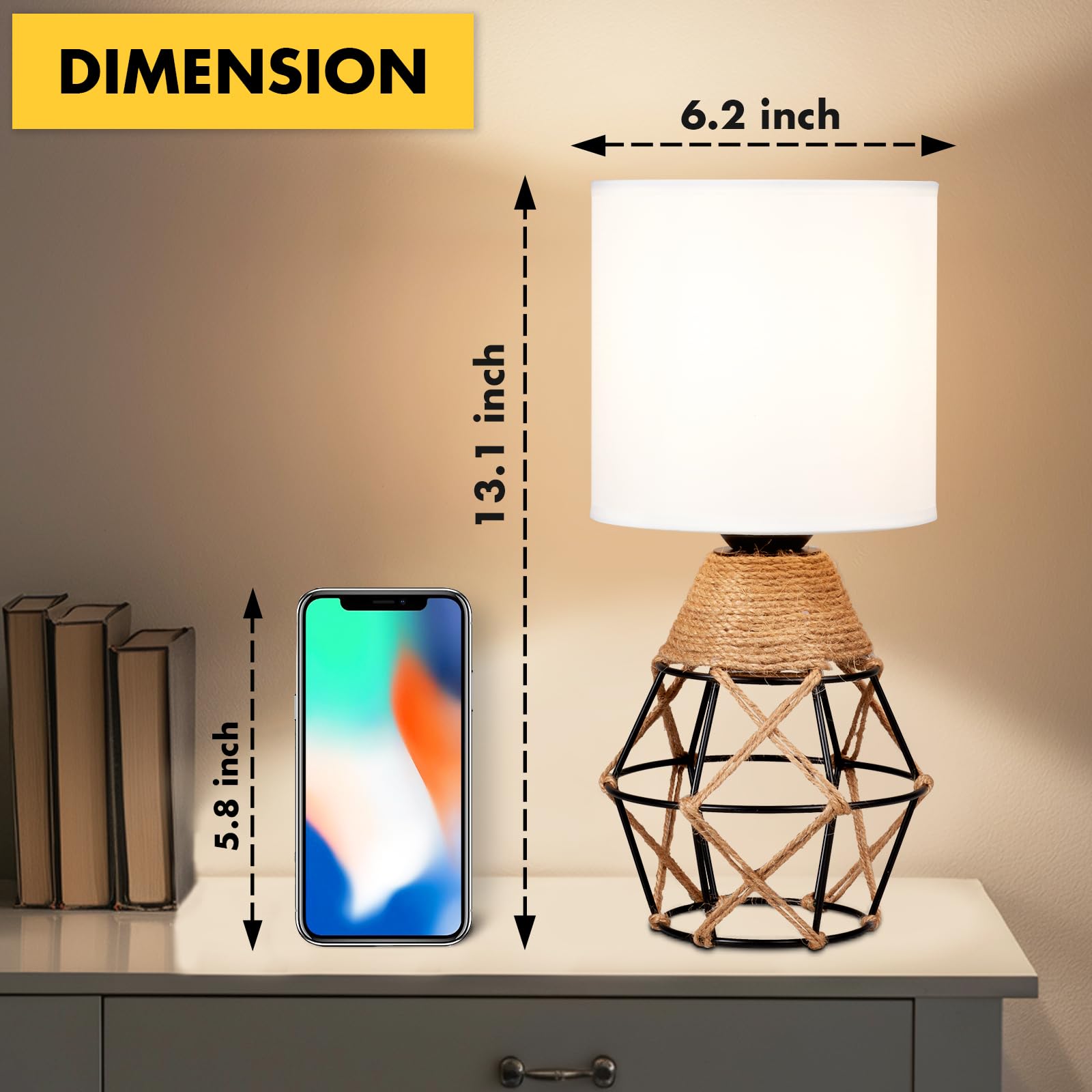 Hamilyeah Table Lamps Set Of 2, Woven Lamps For Nightstand With On/Off Switch, Farmhouse Bedside Lamps With White Fabric Shade,