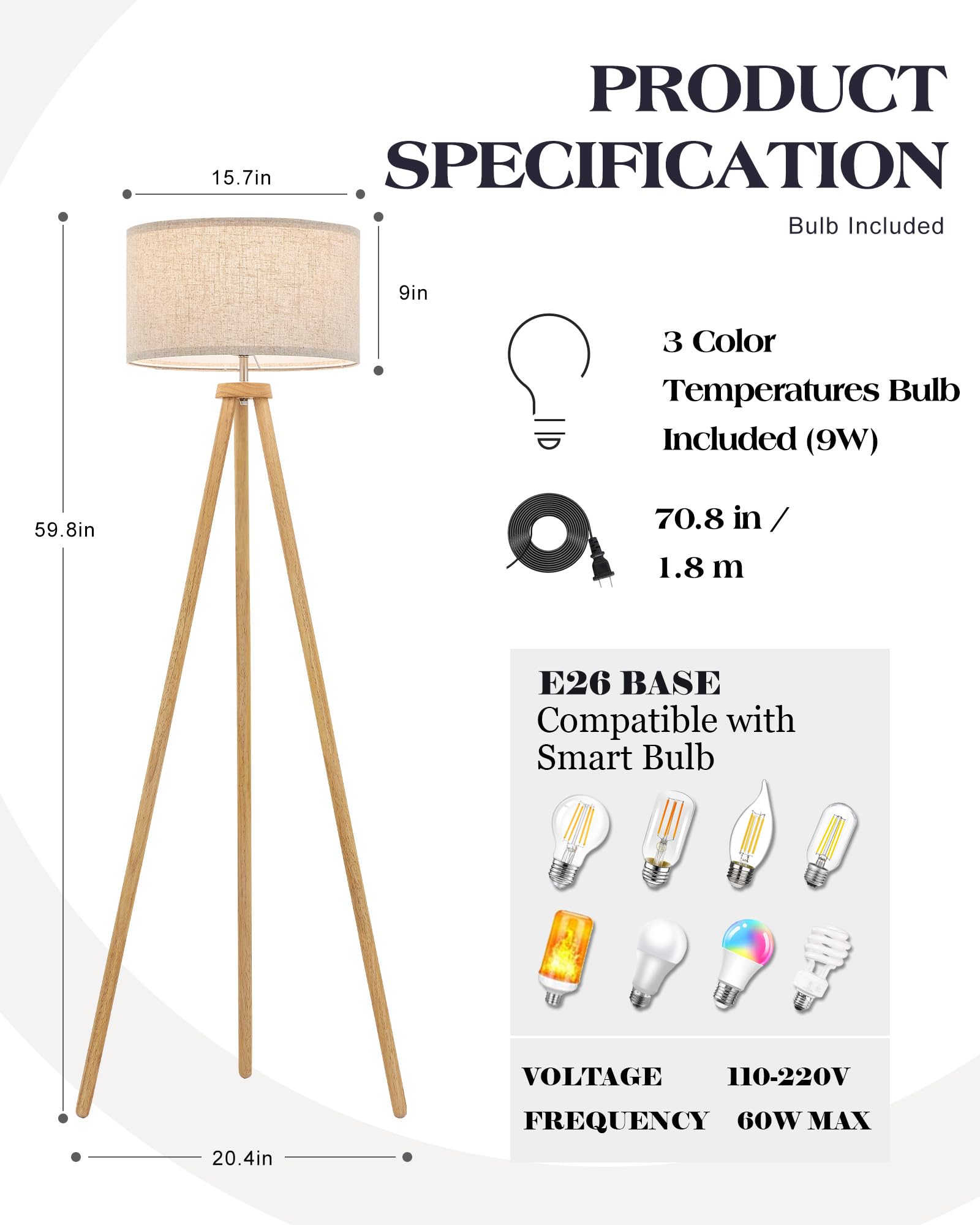 ELYONA Wood Tripod Floor Lamp - Nordic Design, 3 Color Temperatures, Beige Linen Shade, Natural Wood, Model UF1101-NAT
