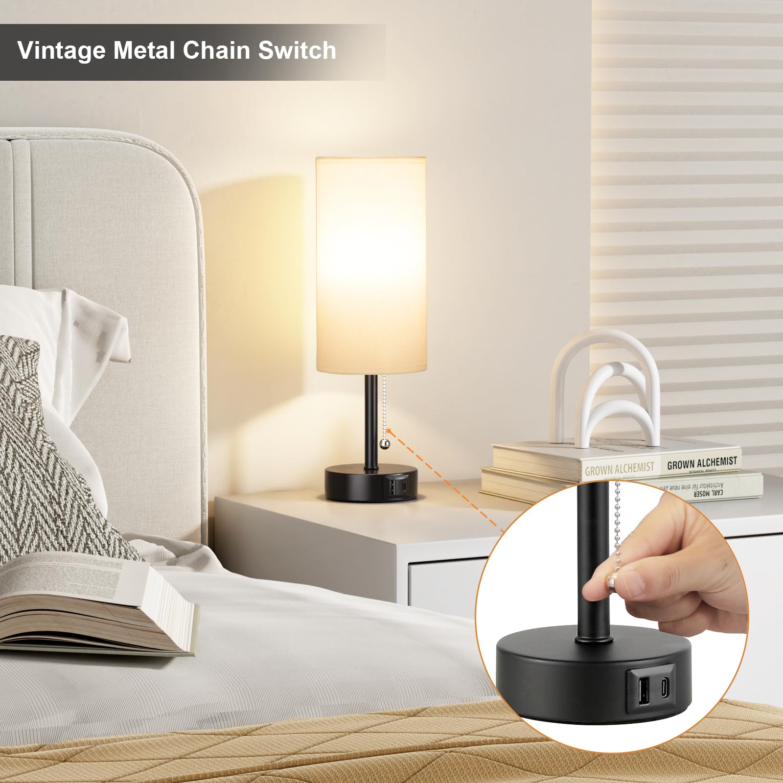 White Table Bedside Lamp For Bedroom Nightstand - Small Lamp With Usb A + C Charging Port, 3 Color Temperatures Pull Chain Night