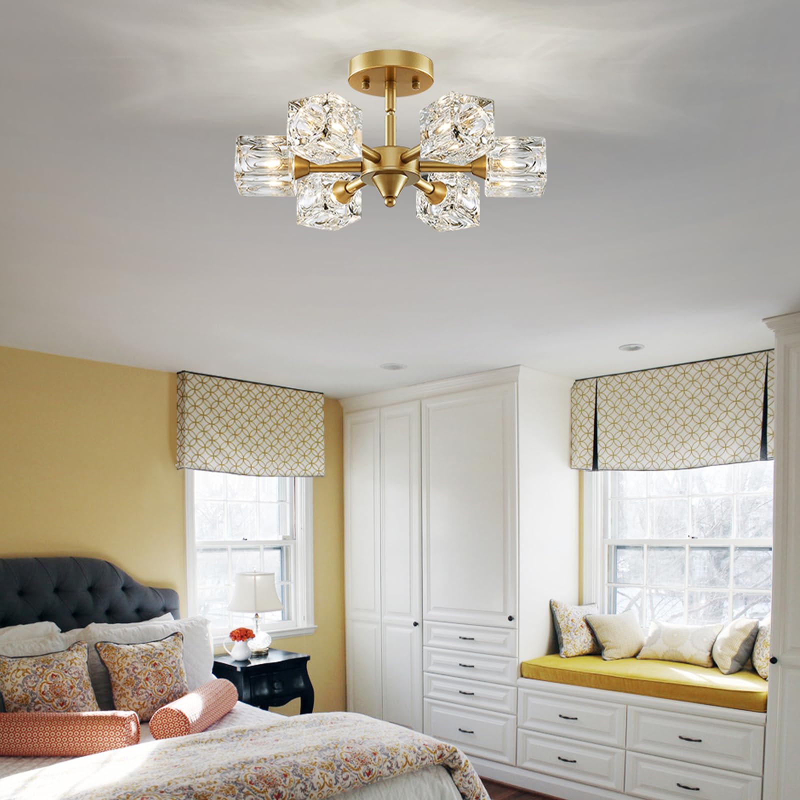Xingqi Gold Glass Chandellier Semi Flush Mount Ceiling Light Fixture Modern 6 Lights Small Sputnik Chandelier, Antique Chandelie