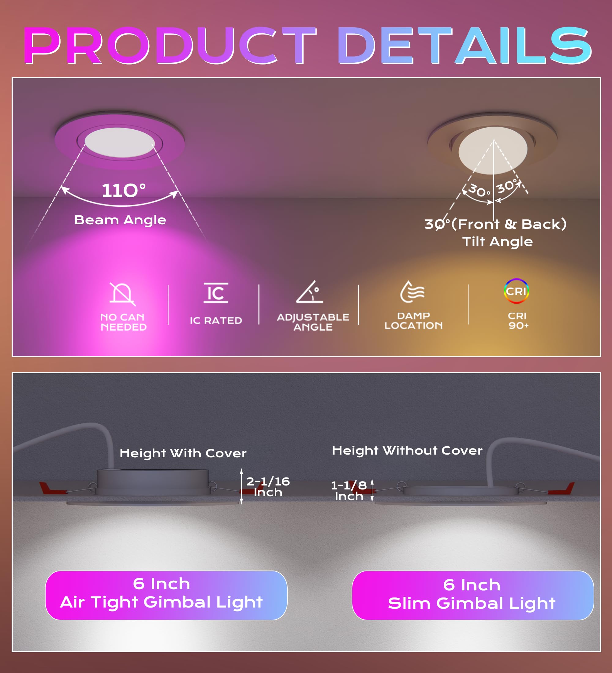 CLOUDY BAY 6-Inch Gimbal Smart WiFi LED Recessed Lights, RGBCW, 15W, Compatible with Alexa, Model LJD006GBSMWH-4PK