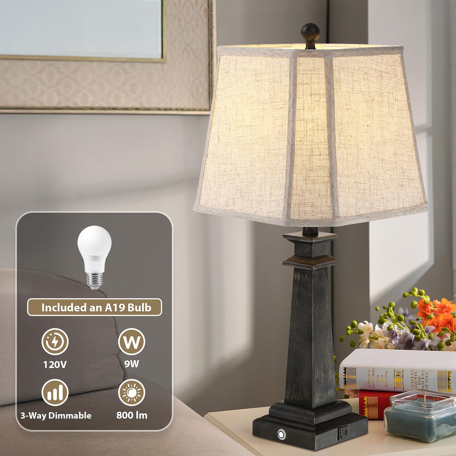 Hapcrea 27.5 Table Lamp For Bedroom, 3-Way Dimmable Touch Lamp For Nightstand, Farmhouse Table Lamp For Living Room With Usb A+C