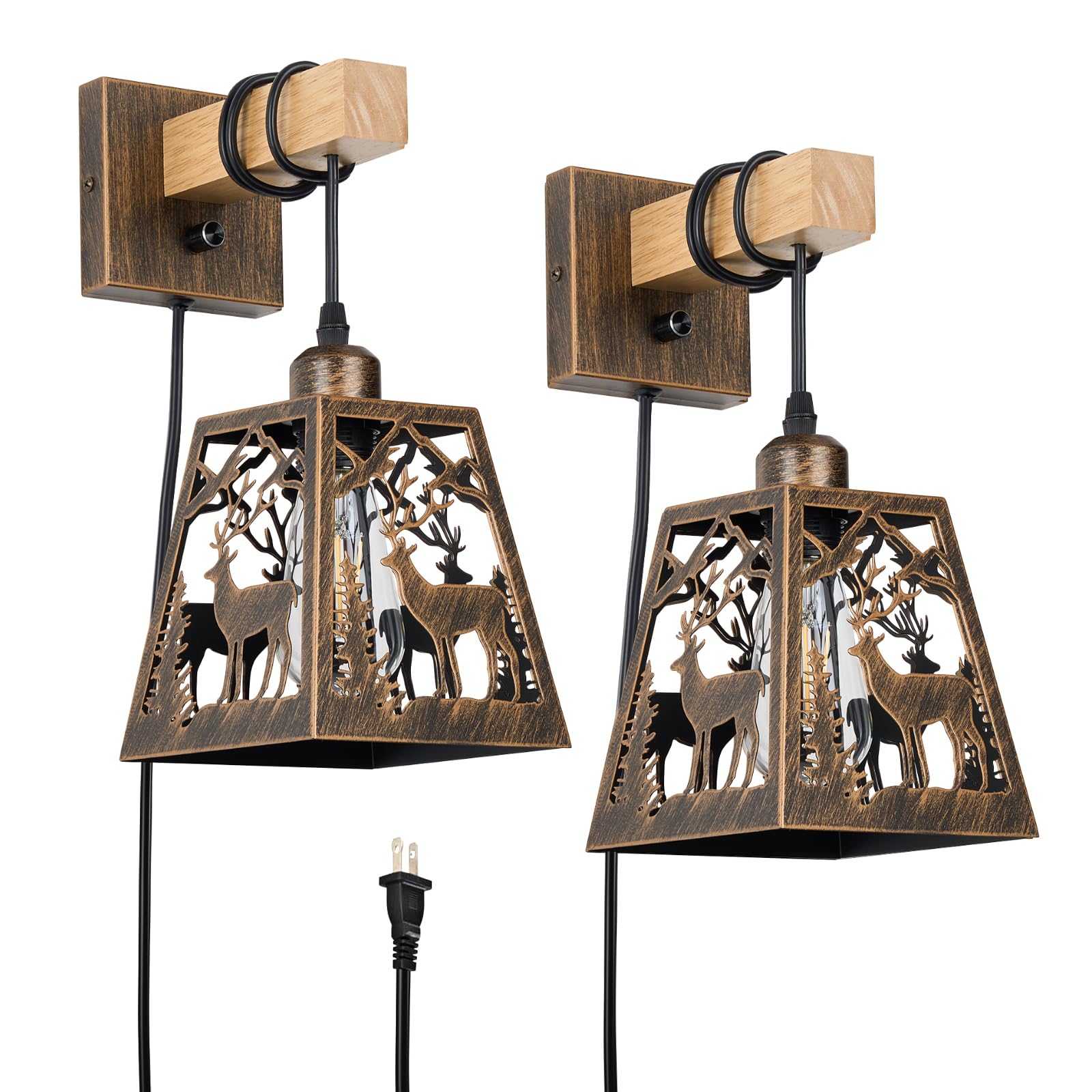 Monyohame Plug in Wall Sconces Set of 2, Rustic Metal and Wood, Vintage Deer Design, Ideal for Bedroom, Living Room, Hallway