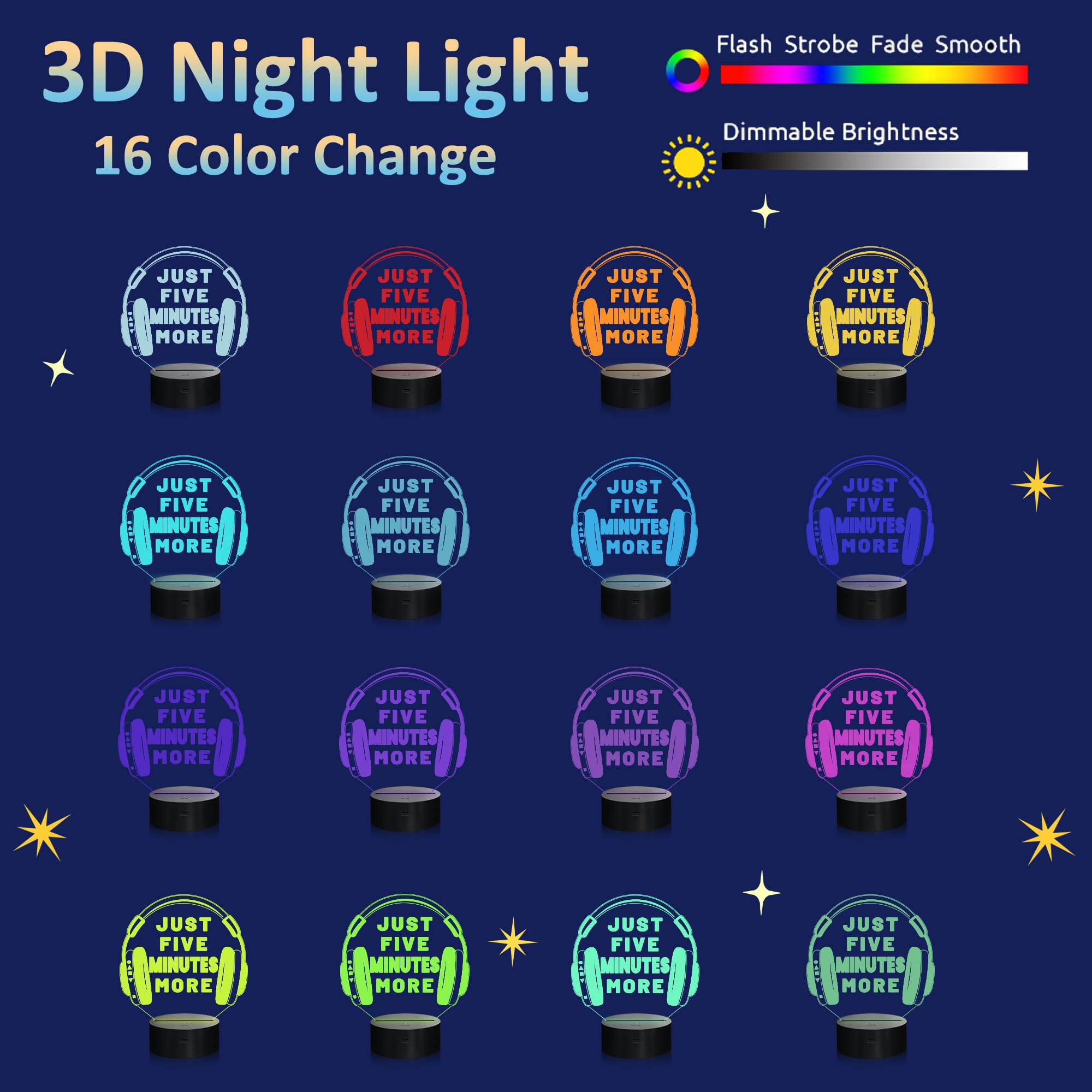 Attivolife Just Five Minutes More Night Light, Headphone Graphic Video Games Gamer Room Decor, Funny Gift 3D Illusion Lamp 16 Colors Changing Touch & Remote Control For Men Teenagers Kids