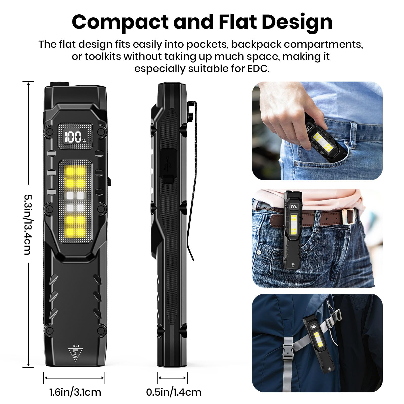 EDC Tactical Flashlight, 1100 High Lumens Rechargeable LED Flat Flashlight w/ Clip & Digital Display, Pocket Flashlight for Home