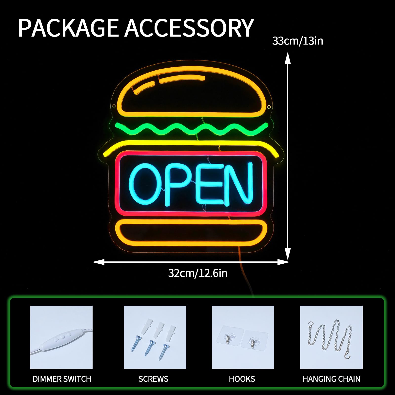 Virlusy Open Neon Sign - Dimmable Hamburger LED Wall Decor, Medium, Acrylic, Multi-Color, Model YL-Open Burger for Restaurants & Parties