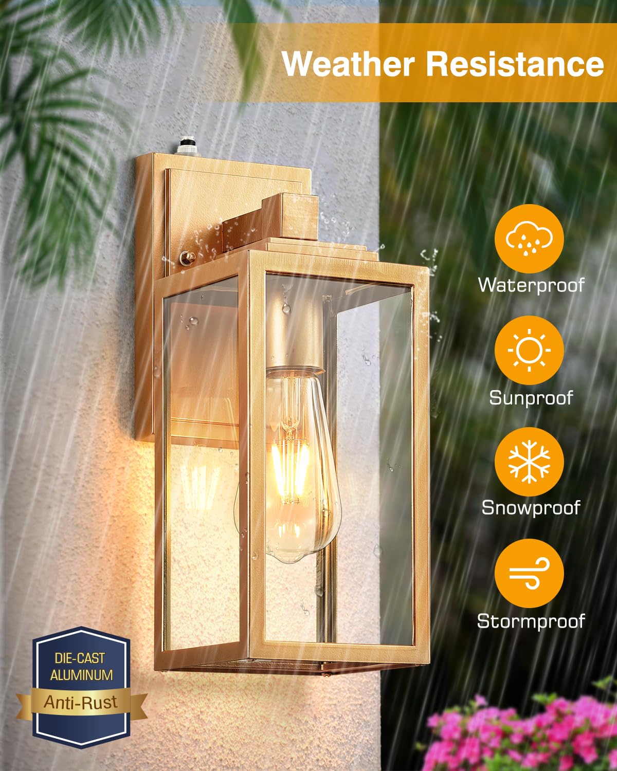 Vianis Dusk To Dawn Wall Lanterns, 2 Pack Golden Exterior Wall Light Fixtures Wall Mount Sconces With Photocell Sensor, Waterpro