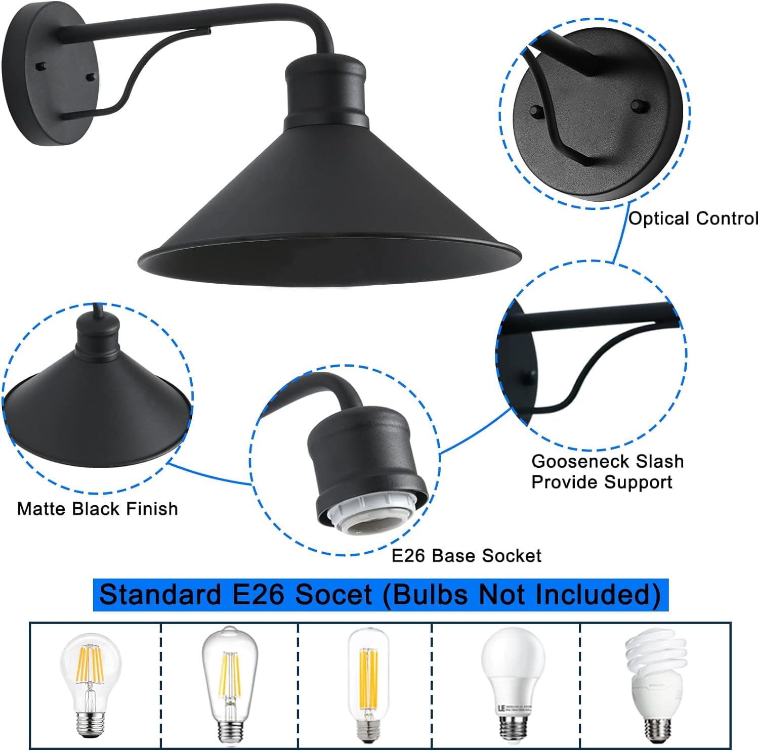 VICTOGATE 3 Pack Matte Black Outdoor Wall Lights, Metal Fixtures, 12in E26 Barn Lights for Porch, Entryway, Garage